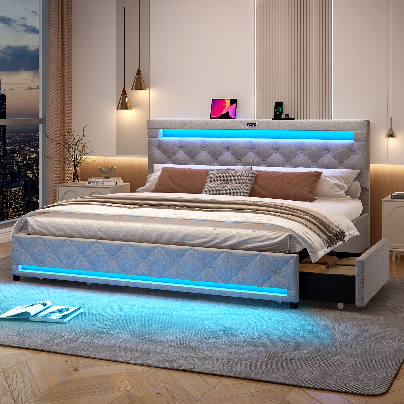 LED Bed Frame Queen Size with 4 Storage Drawers + 2 USB Ports and Outlets, Adjustable Upholstered Headboard, Solid Wooden Slat Support, No Box Spring Needed