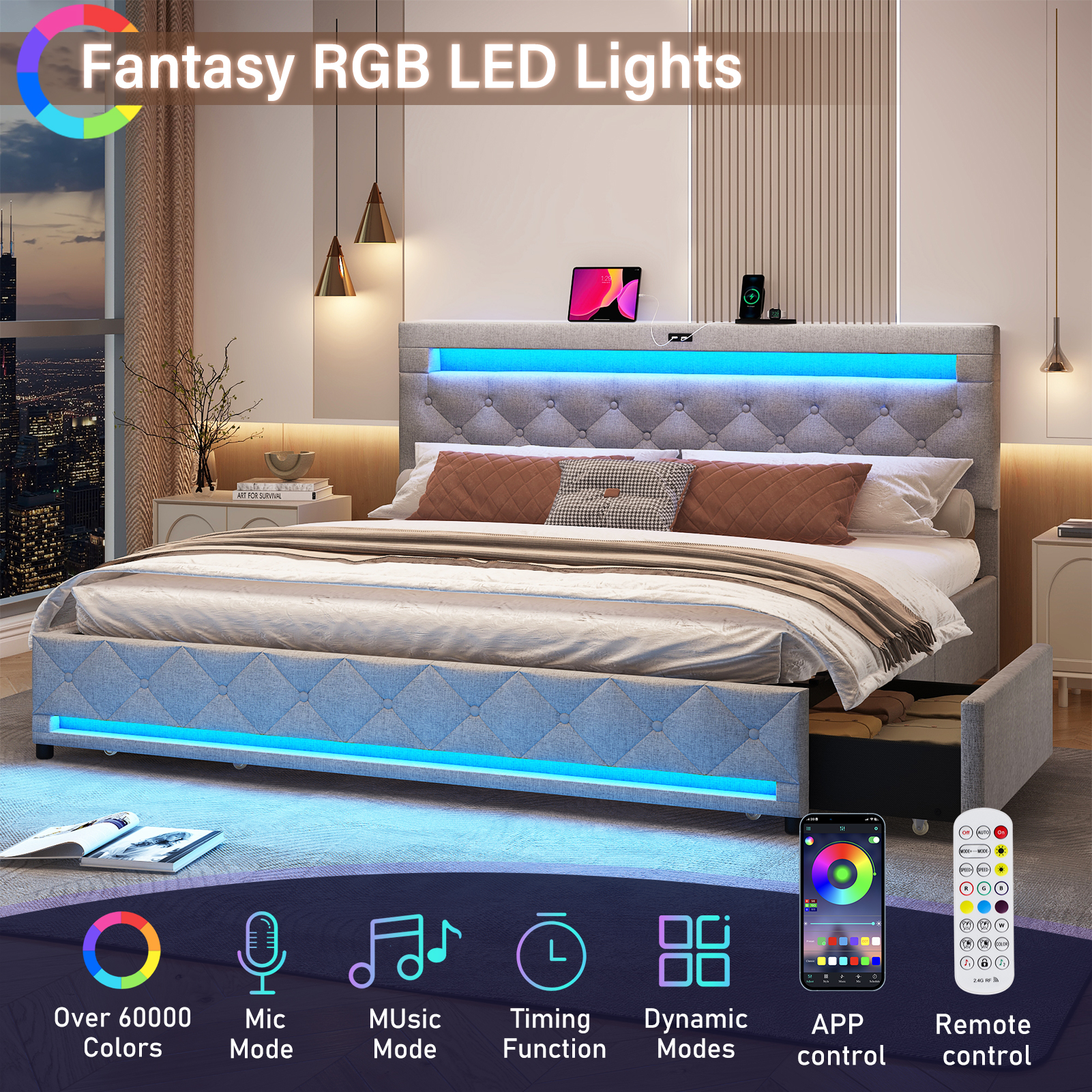 LED Bed Frame Queen Size with 4 Storage Drawers + 2 USB Ports and Outlets, Adjustable Upholstered Headboard, Solid Wooden Slat Support, No Box Spring Needed