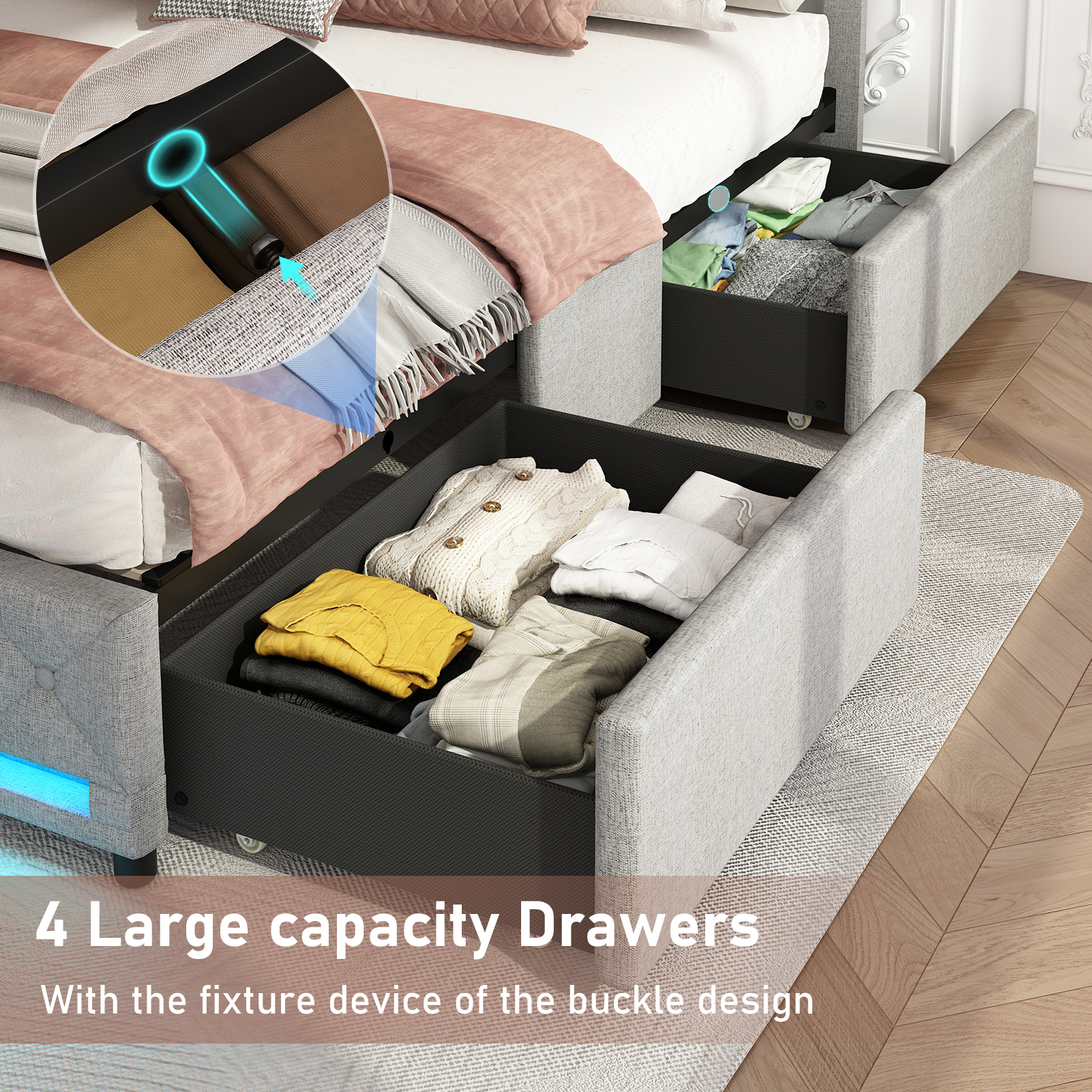 LED Bed Frame Queen Size with 4 Storage Drawers + 2 USB Ports and Outlets, Adjustable Upholstered Headboard, Solid Wooden Slat Support, No Box Spring Needed