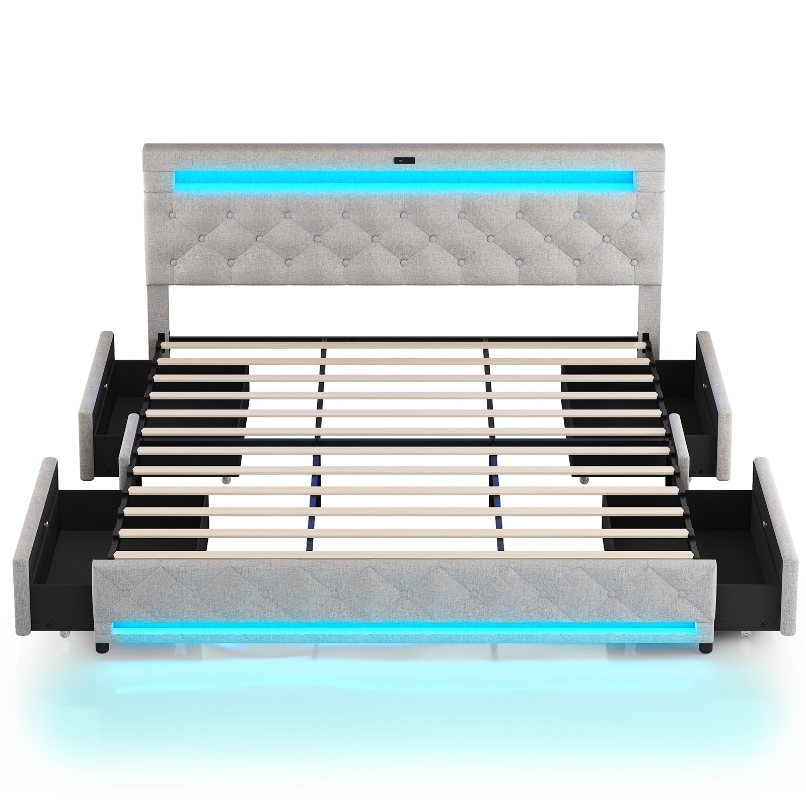 LED Bed Frame Queen Size with 4 Storage Drawers + 2 USB Ports and Outlets, Adjustable Upholstered Headboard, Solid Wooden Slat Support, No Box Spring Needed