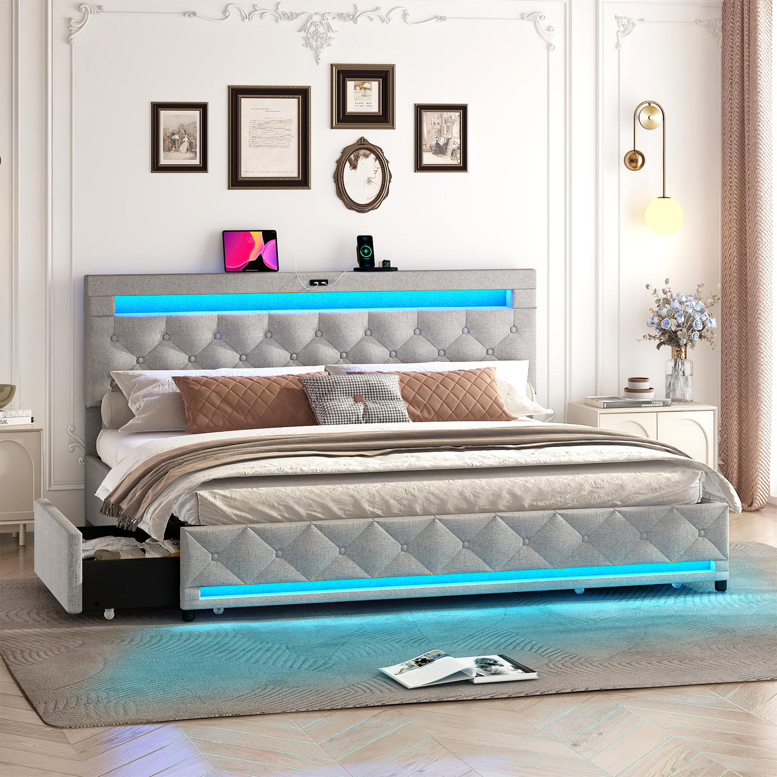 LED Bed Frame Queen Size with 4 Storage Drawers + 2 USB Ports and Outlets, Adjustable Upholstered Headboard, Solid Wooden Slat Support, No Box Spring Needed