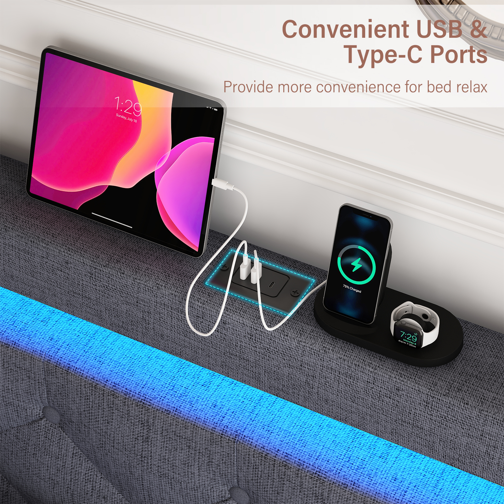 LED Bed Frame Queen Size with 4 Storage Drawers + 2 USB Ports and Outlets, Adjustable Upholstered Headboard, Solid Wooden Slat Support, No Box Spring Needed