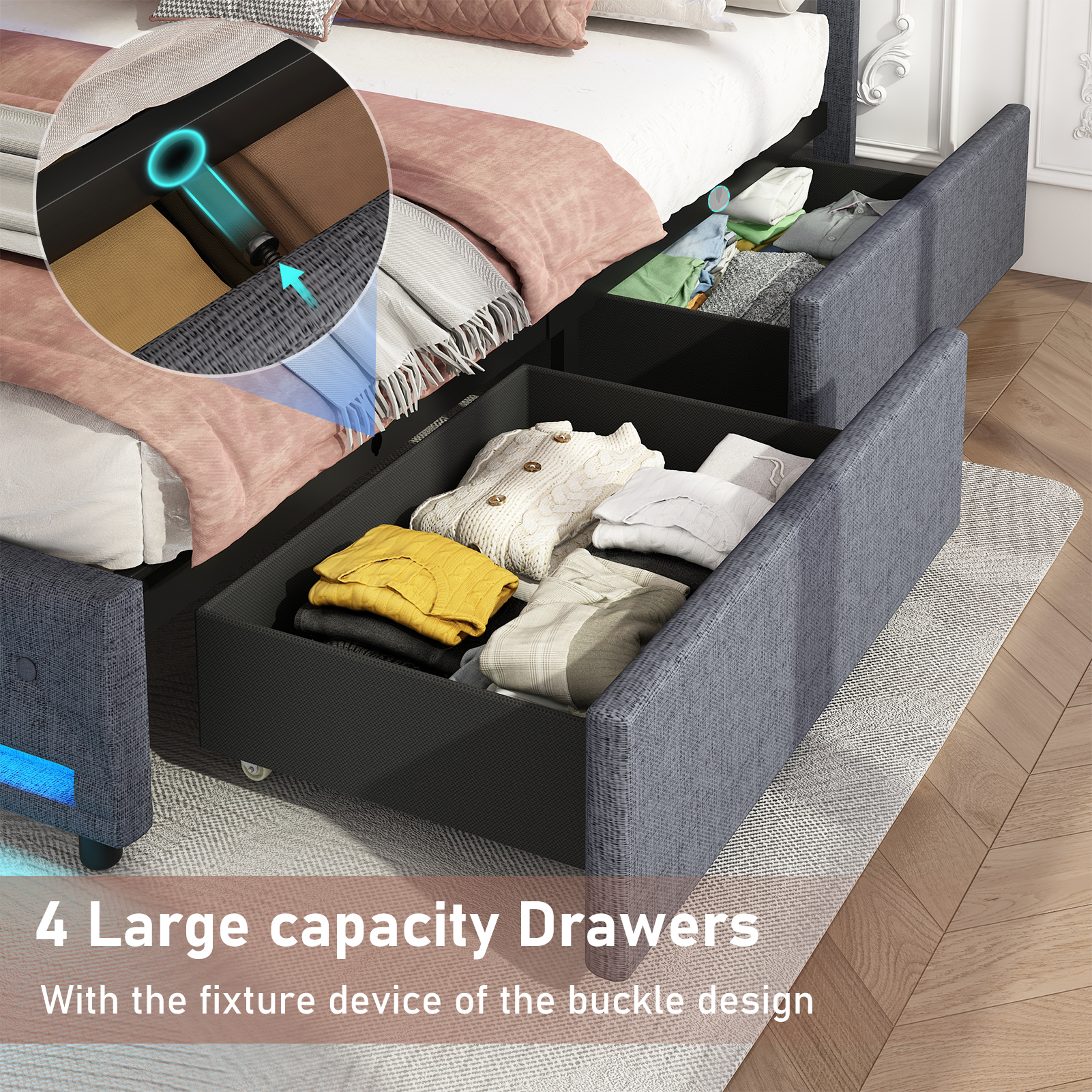 LED Bed Frame Queen Size with 4 Storage Drawers + 2 USB Ports and Outlets, Adjustable Upholstered Headboard, Solid Wooden Slat Support, No Box Spring Needed