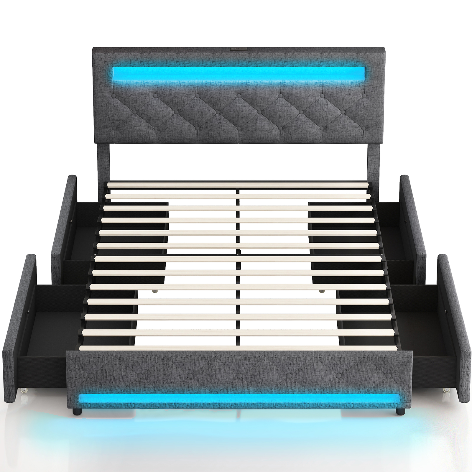 LED Bed Frame Queen Size with 4 Storage Drawers + 2 USB Ports and Outlets, Adjustable Upholstered Headboard, Solid Wooden Slat Support, No Box Spring Needed