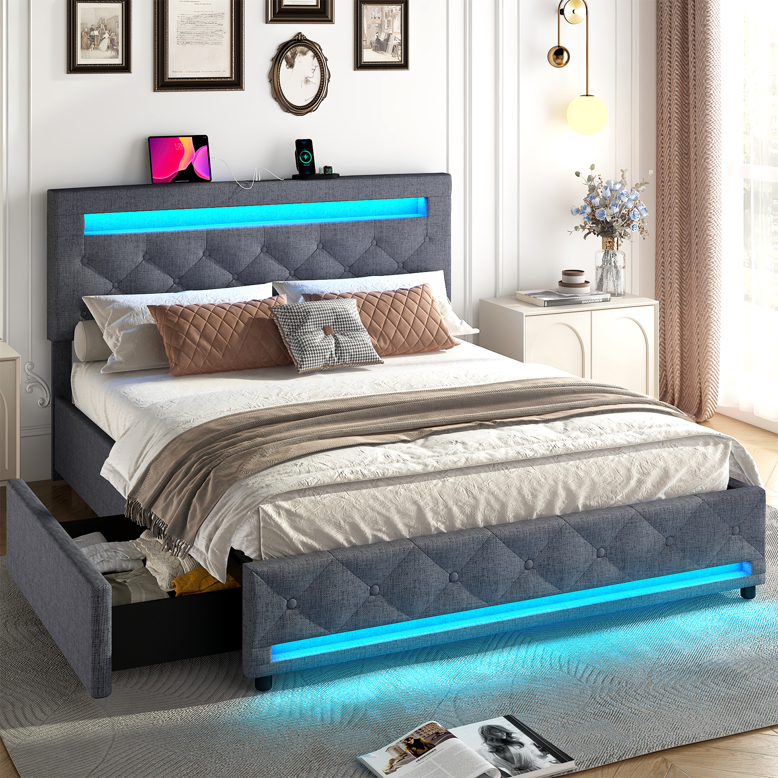 LED Bed Frame Queen Size with 4 Storage Drawers + 2 USB Ports and Outlets, Adjustable Upholstered Headboard, Solid Wooden Slat Support, No Box Spring Needed