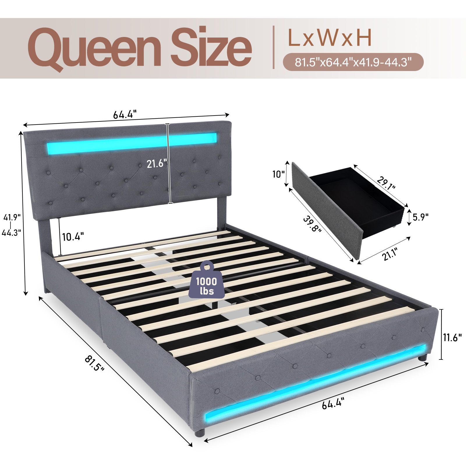 LED Bed Frame Queen Size with 4 Storage Drawers + 2 USB Ports and Outlets, Adjustable Upholstered Headboard, Solid Wooden Slat Support, No Box Spring Needed