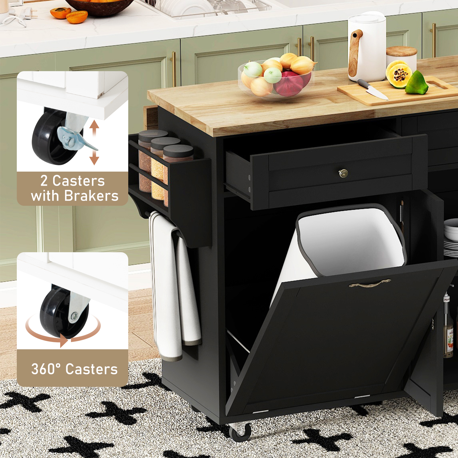 ANPOO 67" Rolling Kitchen Island with Drop Leaf, Tilt Out Kitchen Trash Cabinet 10 Gallon Storage, Kitchen Cart Island with Rubber wood Top, Spice Rack and Drawers