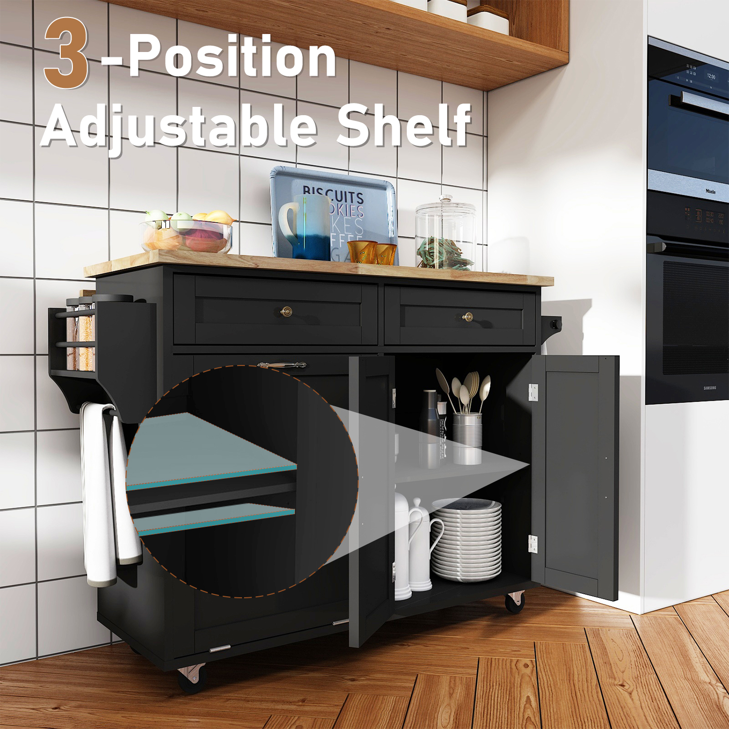 ANPOO 67" Rolling Kitchen Island with Drop Leaf, Tilt Out Kitchen Trash Cabinet 10 Gallon Storage, Kitchen Cart Island with Rubber wood Top, Spice Rack and Drawers