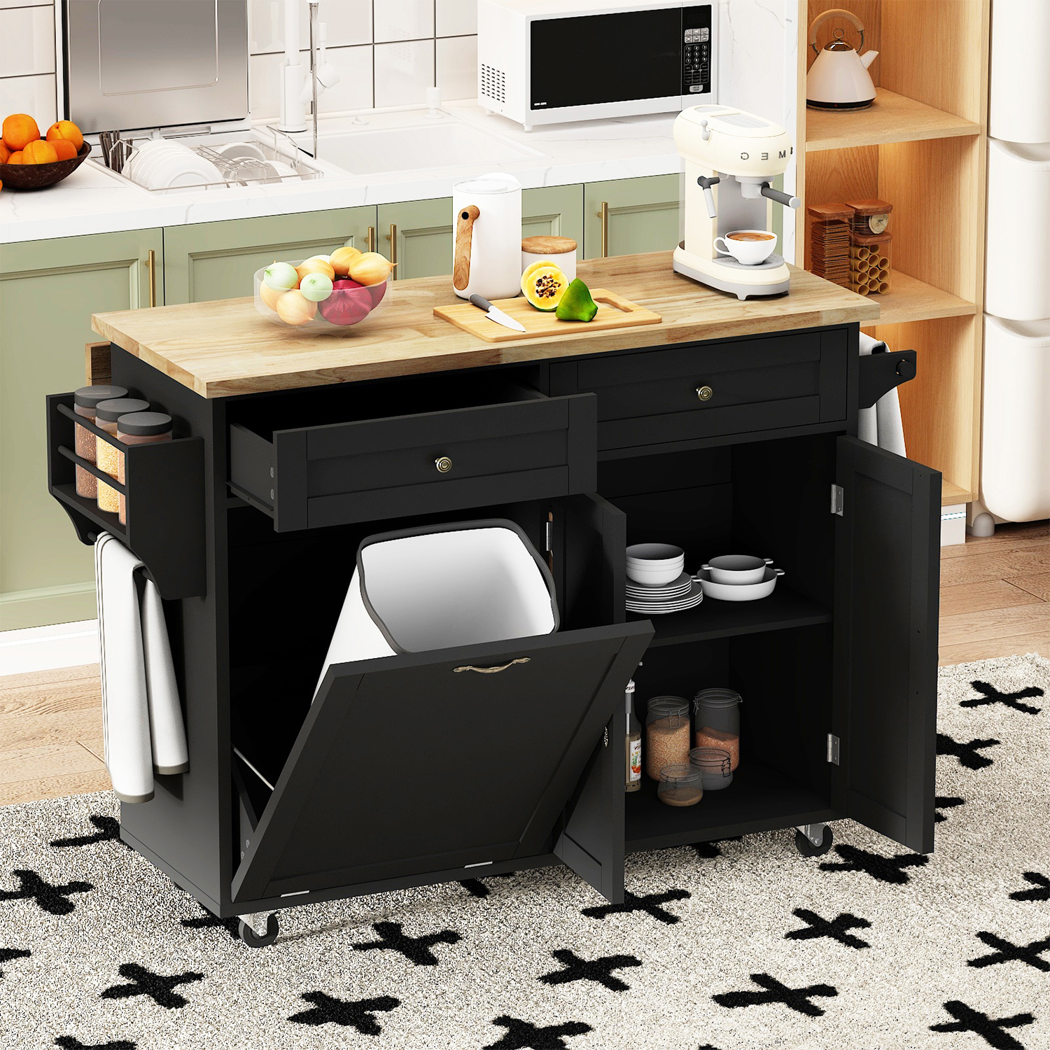 ANPOO 67" Rolling Kitchen Island with Drop Leaf, Tilt Out Kitchen Trash Cabinet 10 Gallon Storage, Kitchen Cart Island with Rubber wood Top, Spice Rack and Drawers