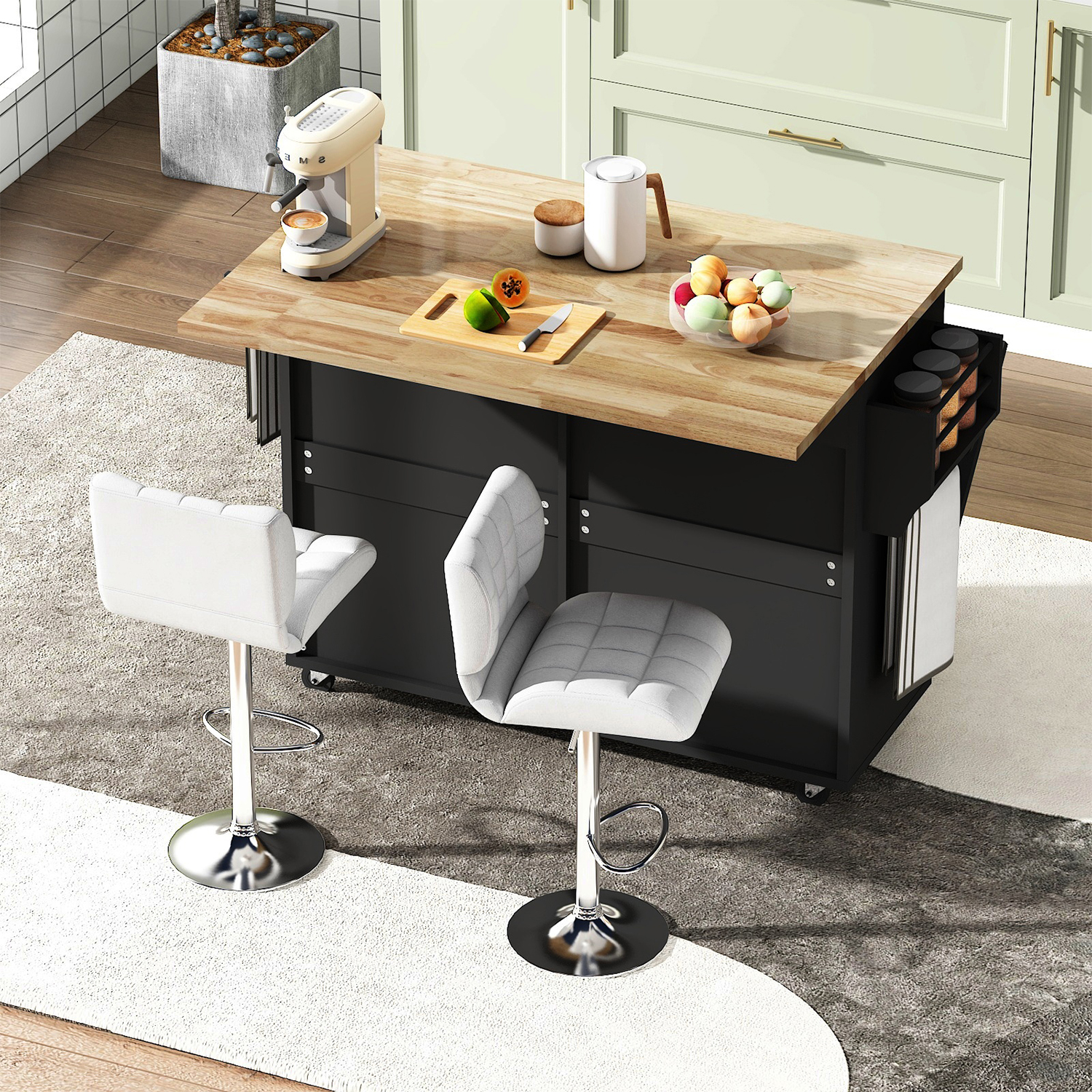 ANPOO 67" Rolling Kitchen Island with Drop Leaf, Tilt Out Kitchen Trash Cabinet 10 Gallon Storage, Kitchen Cart Island with Rubber wood Top, Spice Rack and Drawers
