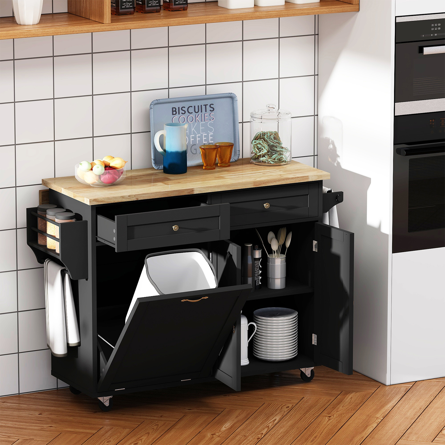ANPOO 67" Rolling Kitchen Island with Drop Leaf, Tilt Out Kitchen Trash Cabinet 10 Gallon Storage, Kitchen Cart Island with Rubber wood Top, Spice Rack and Drawers