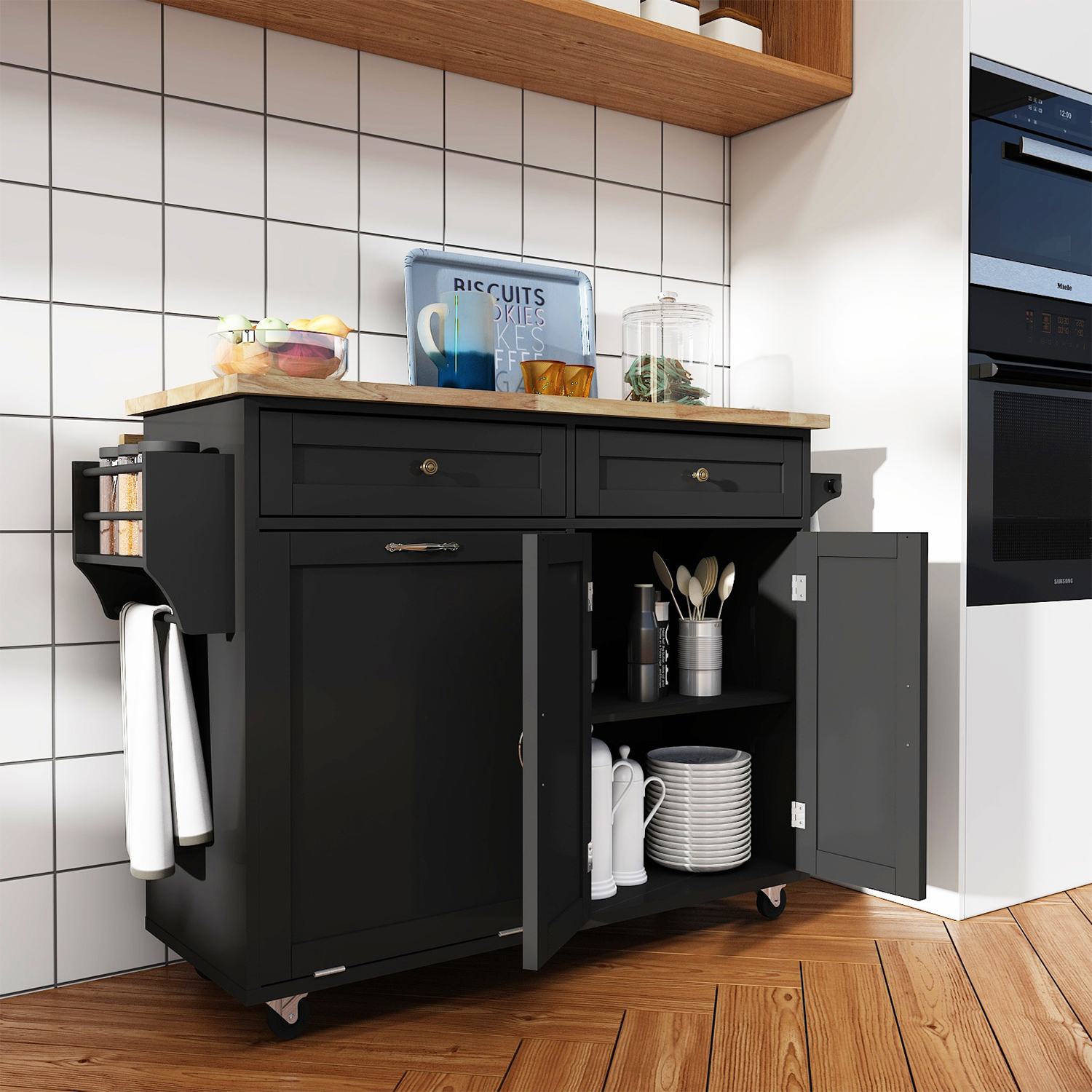 ANPOO 67" Rolling Kitchen Island with Drop Leaf, Tilt Out Kitchen Trash Cabinet 10 Gallon Storage, Kitchen Cart Island with Rubber wood Top, Spice Rack and Drawers