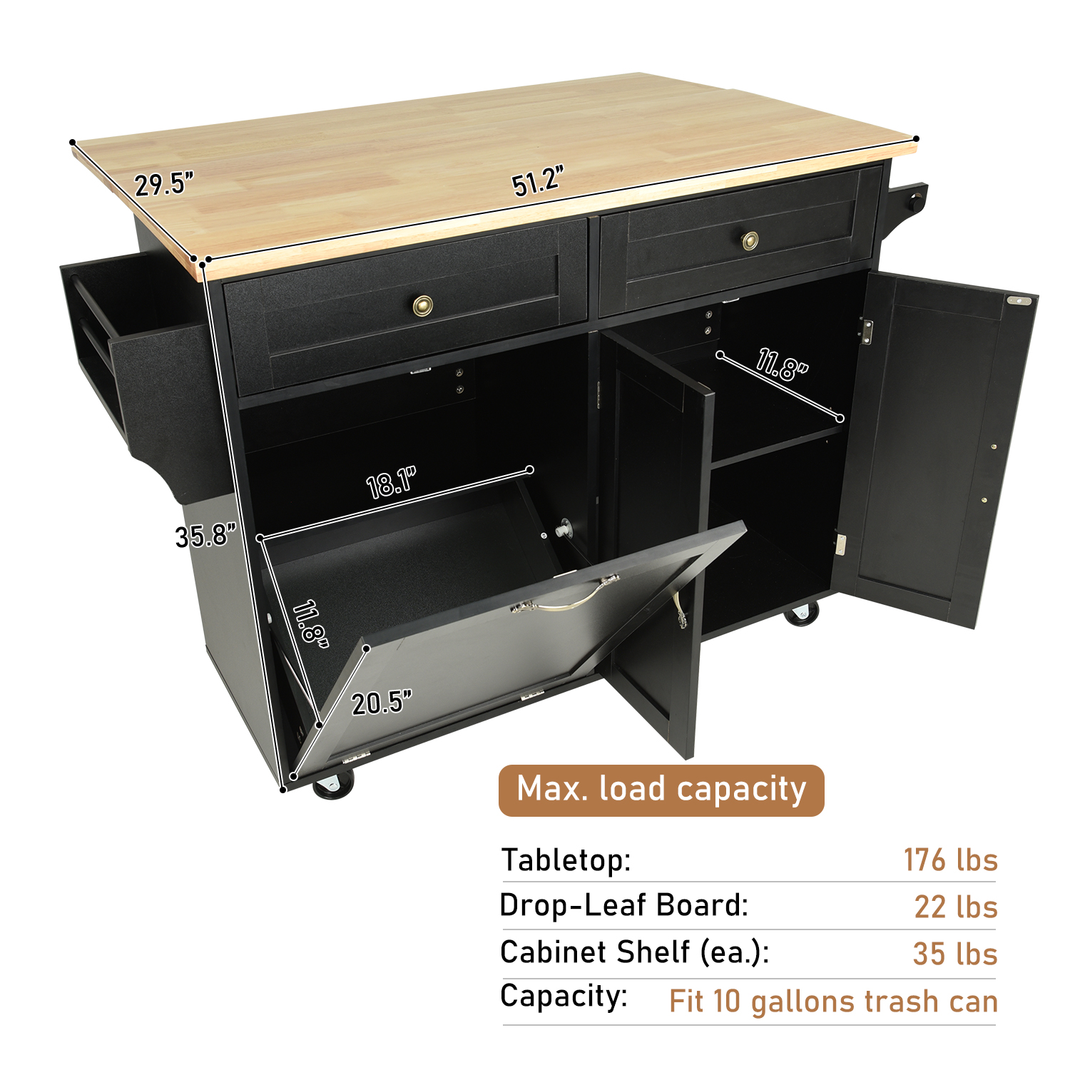 ANPOO 67" Rolling Kitchen Island with Drop Leaf, Tilt Out Kitchen Trash Cabinet 10 Gallon Storage, Kitchen Cart Island with Rubber wood Top, Spice Rack and Drawers
