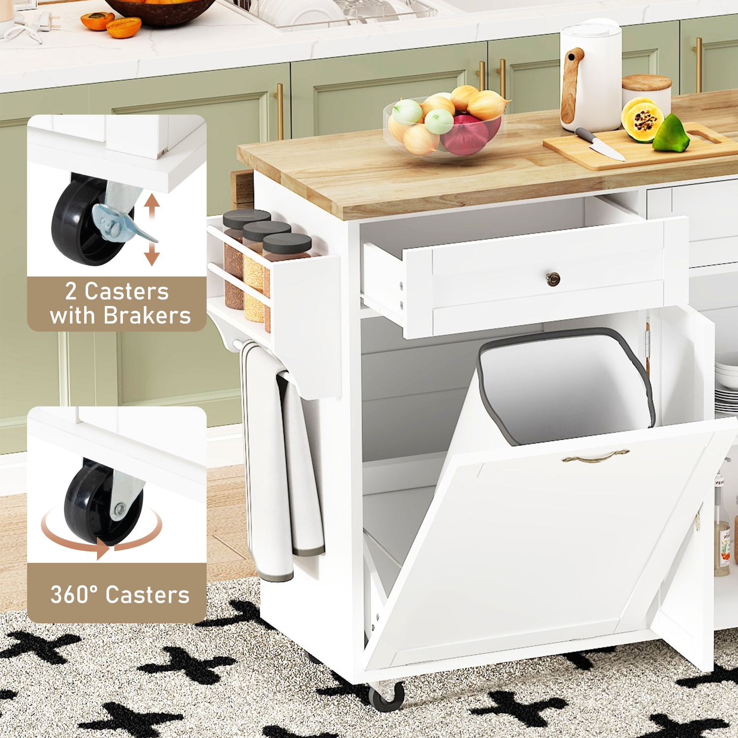 ANPOO 67" Rolling Kitchen Island with Drop Leaf, Tilt Out Kitchen Trash Cabinet 10 Gallon Storage, Kitchen Cart Island with Rubber wood Top, Spice Rack and Drawers