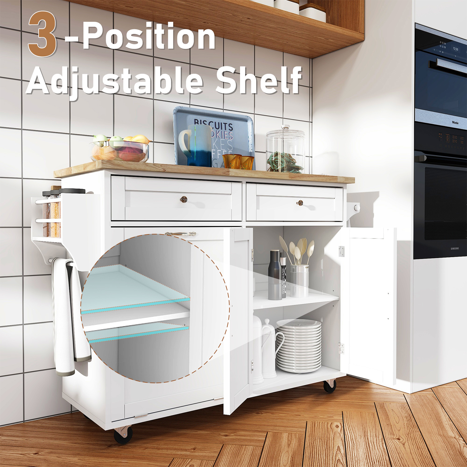 ANPOO 67" Rolling Kitchen Island with Drop Leaf, Tilt Out Kitchen Trash Cabinet 10 Gallon Storage, Kitchen Cart Island with Rubber wood Top, Spice Rack and Drawers