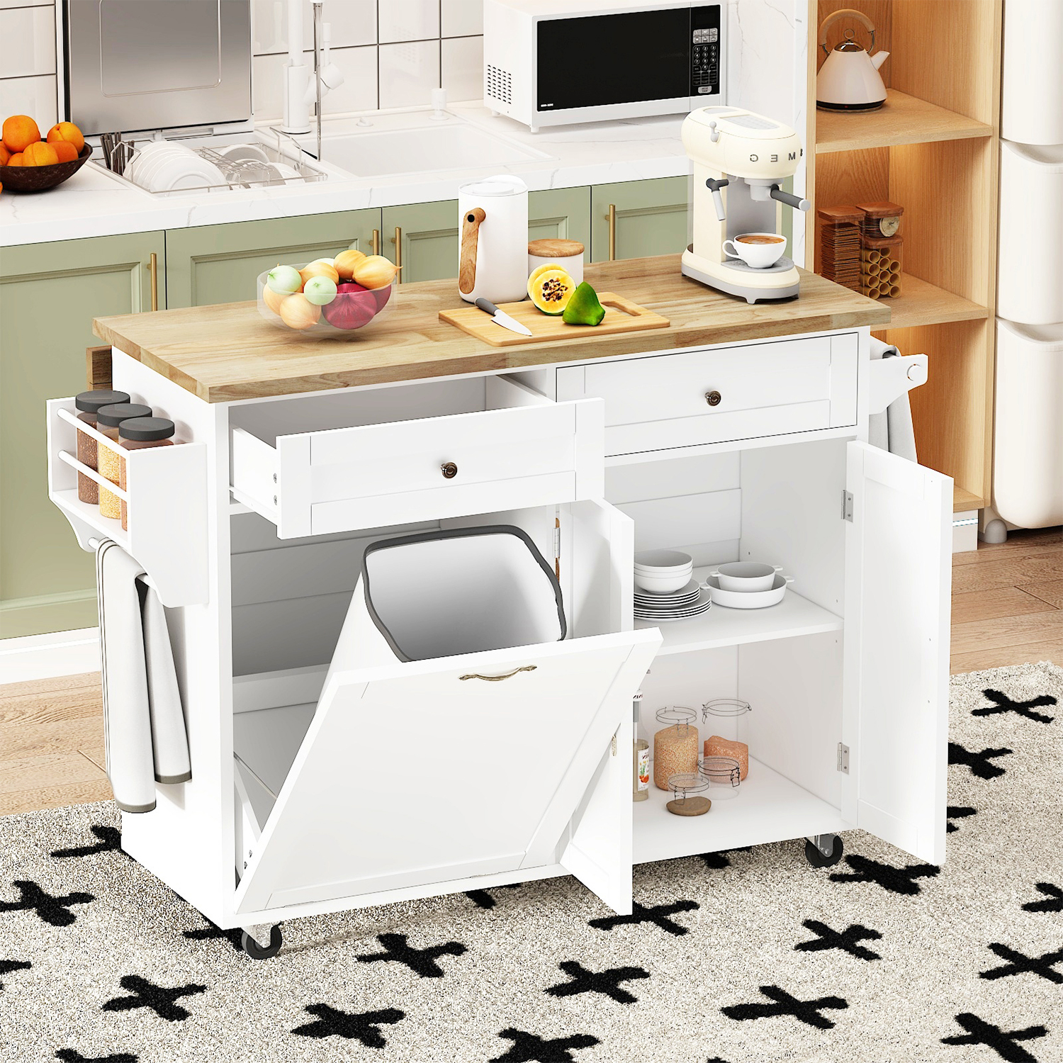 ANPOO 67" Rolling Kitchen Island with Drop Leaf, Tilt Out Kitchen Trash Cabinet 10 Gallon Storage, Kitchen Cart Island with Rubber wood Top, Spice Rack and Drawers