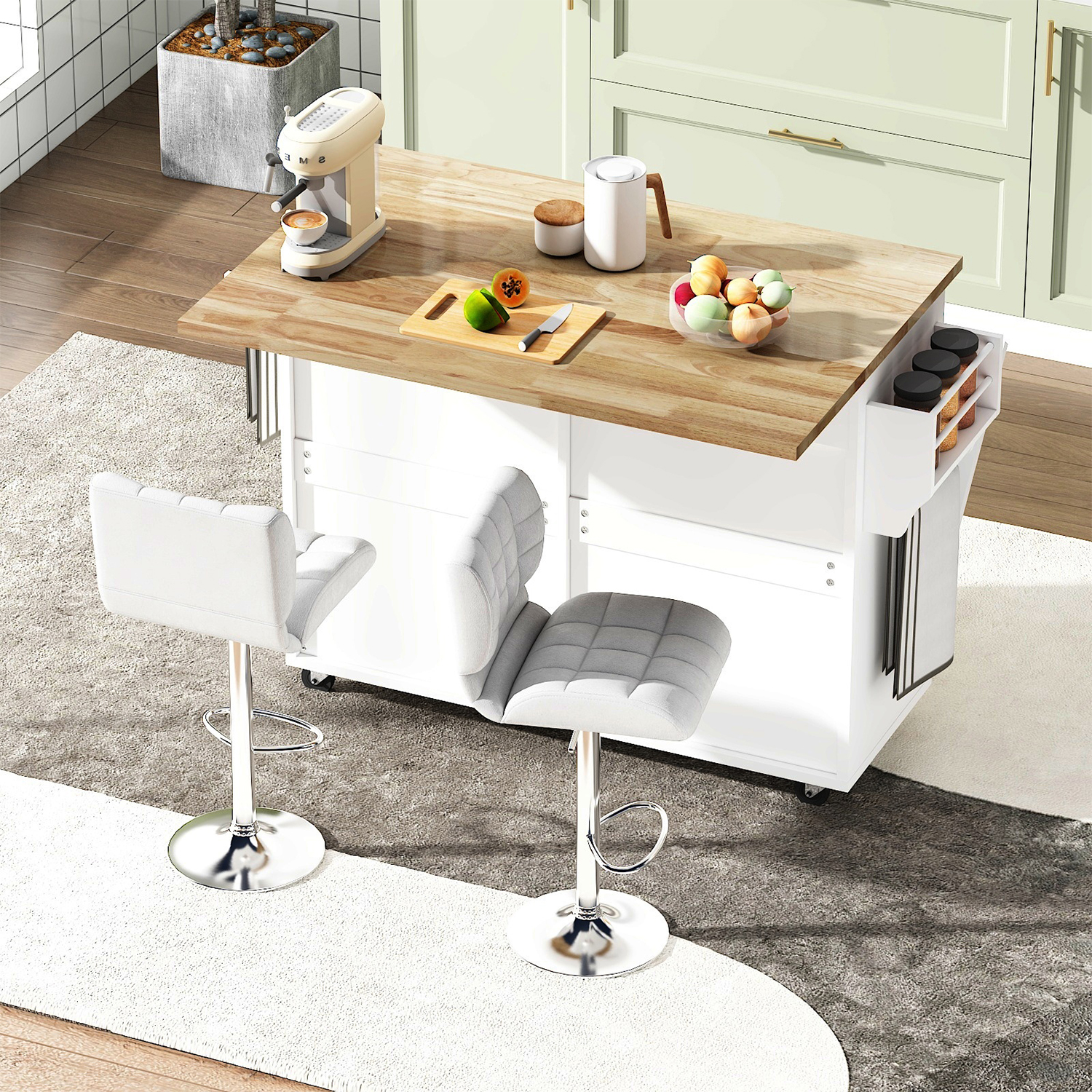 ANPOO 67" Rolling Kitchen Island with Drop Leaf, Tilt Out Kitchen Trash Cabinet 10 Gallon Storage, Kitchen Cart Island with Rubber wood Top, Spice Rack and Drawers