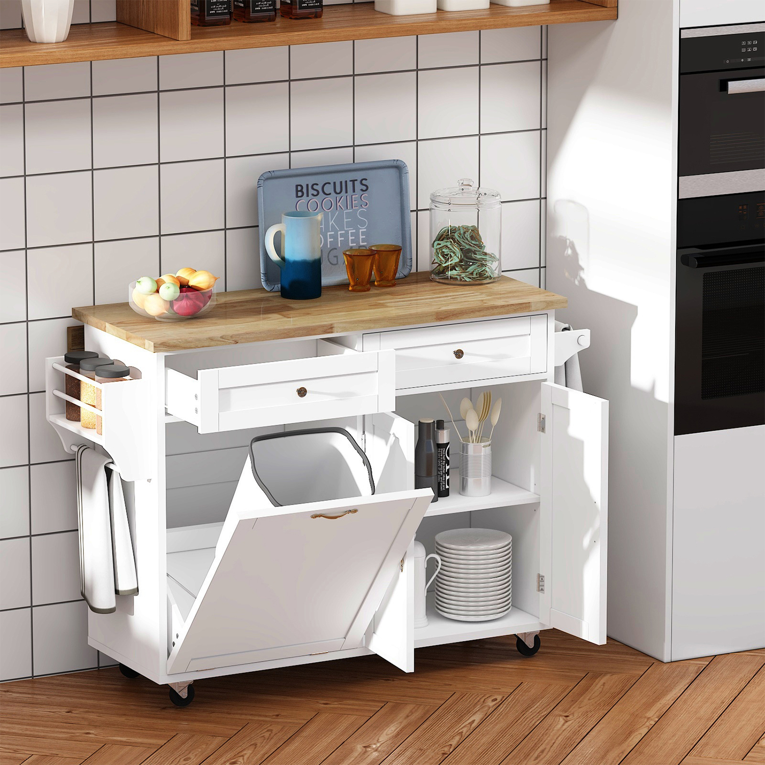 ANPOO 67" Rolling Kitchen Island with Drop Leaf, Tilt Out Kitchen Trash Cabinet 10 Gallon Storage, Kitchen Cart Island with Rubber wood Top, Spice Rack and Drawers