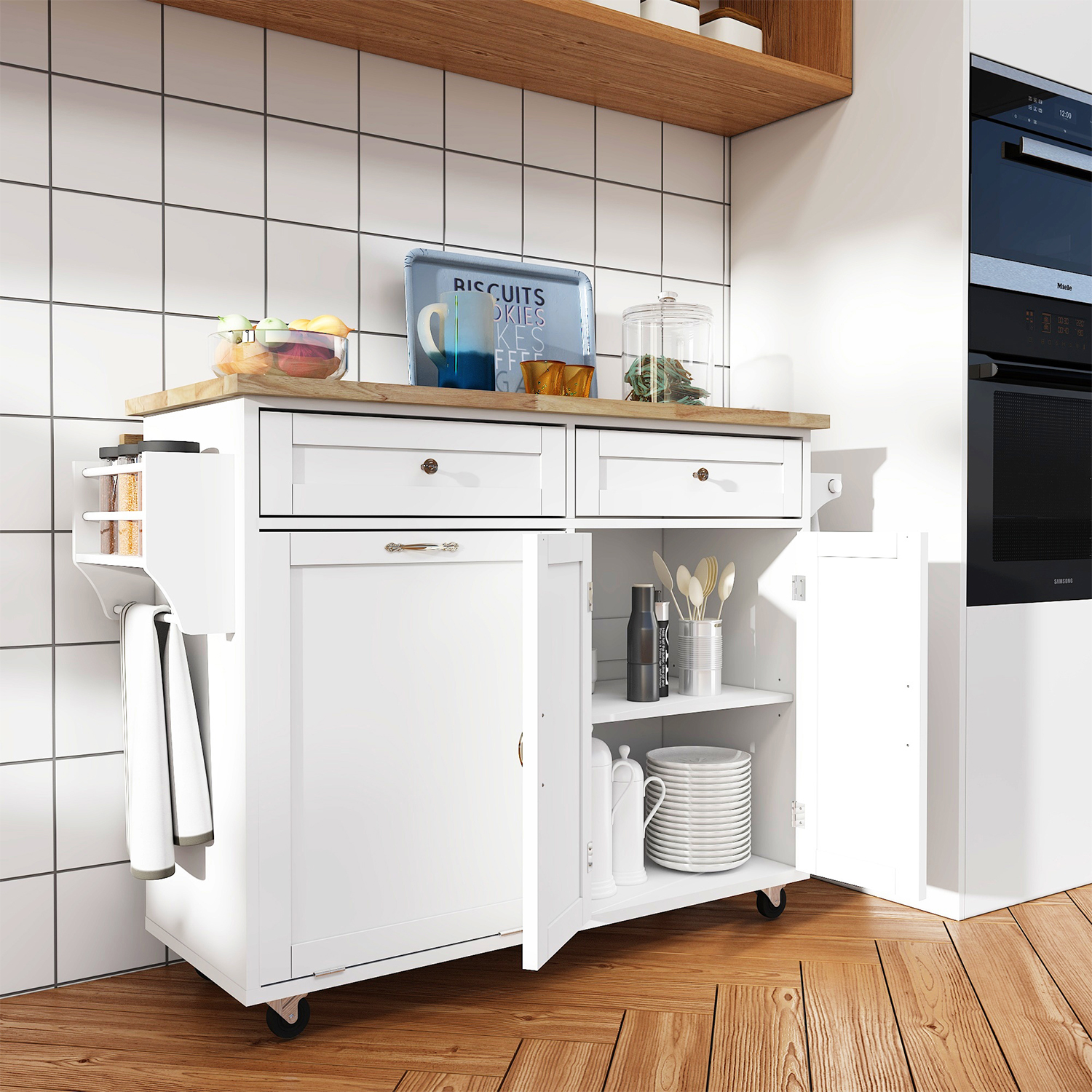 ANPOO 67" Rolling Kitchen Island with Drop Leaf, Tilt Out Kitchen Trash Cabinet 10 Gallon Storage, Kitchen Cart Island with Rubber wood Top, Spice Rack and Drawers