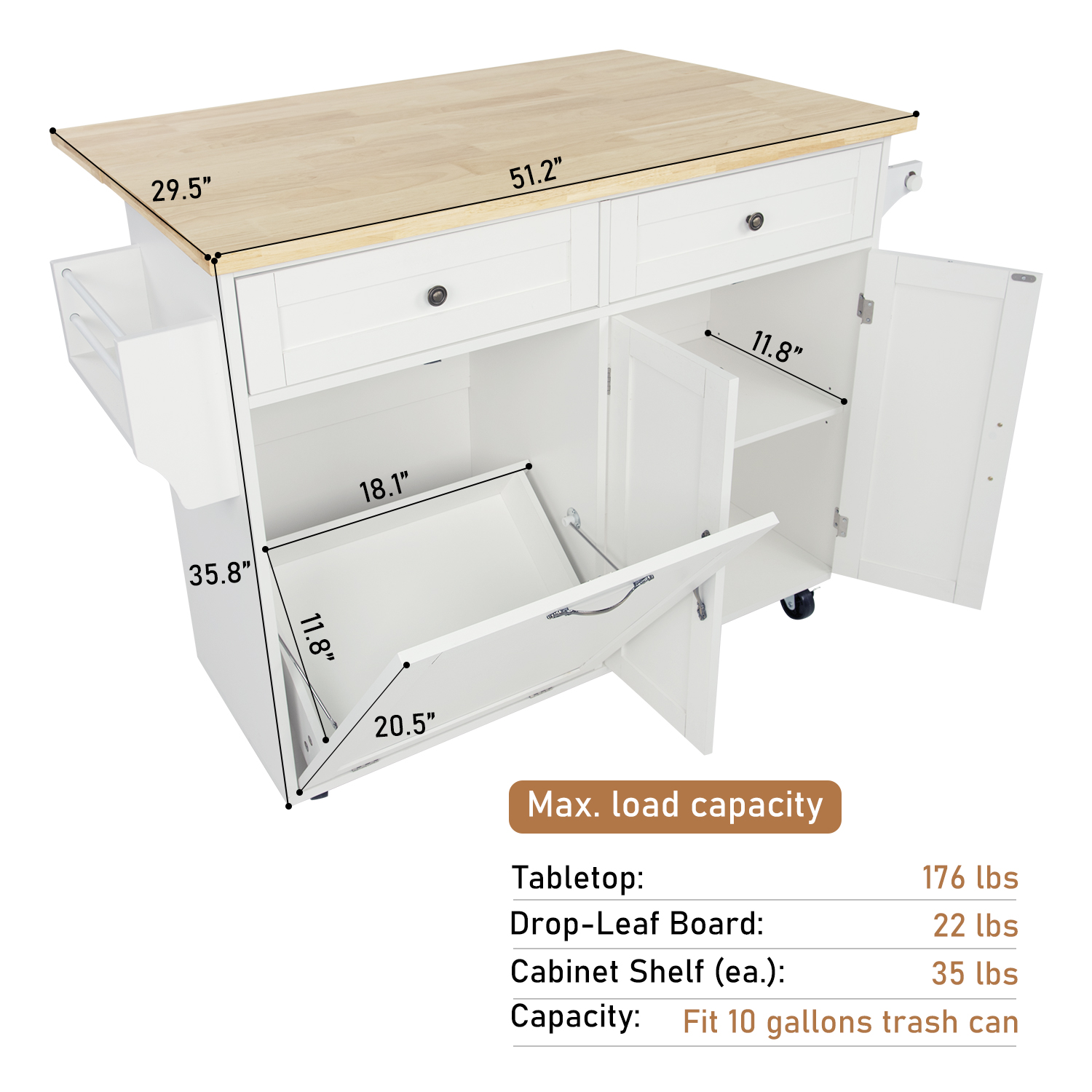 ANPOO 67" Rolling Kitchen Island with Drop Leaf, Tilt Out Kitchen Trash Cabinet 10 Gallon Storage, Kitchen Cart Island with Rubber wood Top, Spice Rack and Drawers