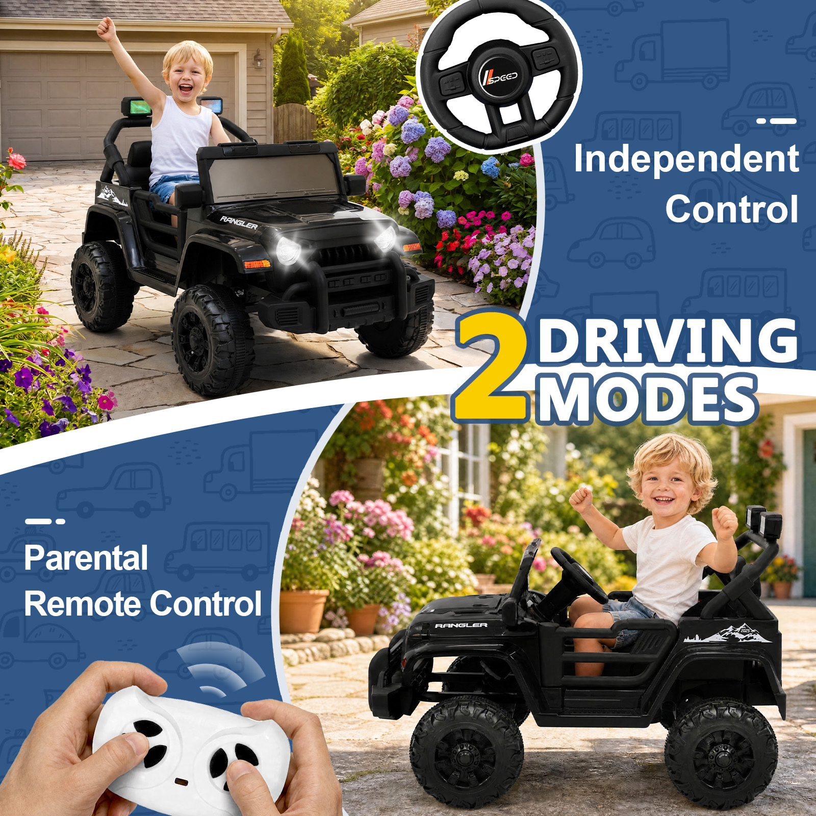 ANPOO 12V Kids Powered Ride on Truck Car with Parent Remote Control, Electric Battery Powered Ride on Toys w/ 3-Speed, Suspension, LED Lights, Music, Bluetooth, MP3