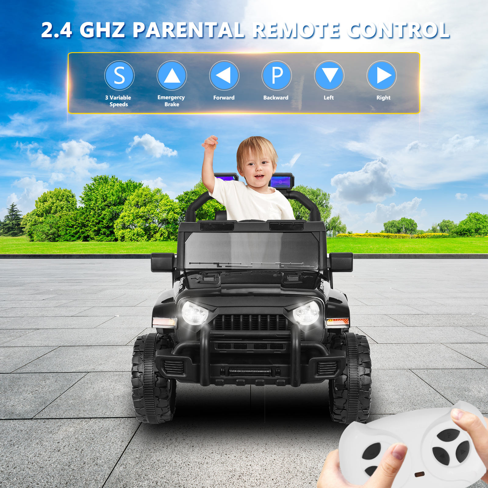 ANPOO 12V Kids Powered Ride on Truck Car with Parent Remote Control, Electric Battery Powered Ride on Toys w/ 3-Speed, Suspension, LED Lights, Music, Bluetooth, MP3