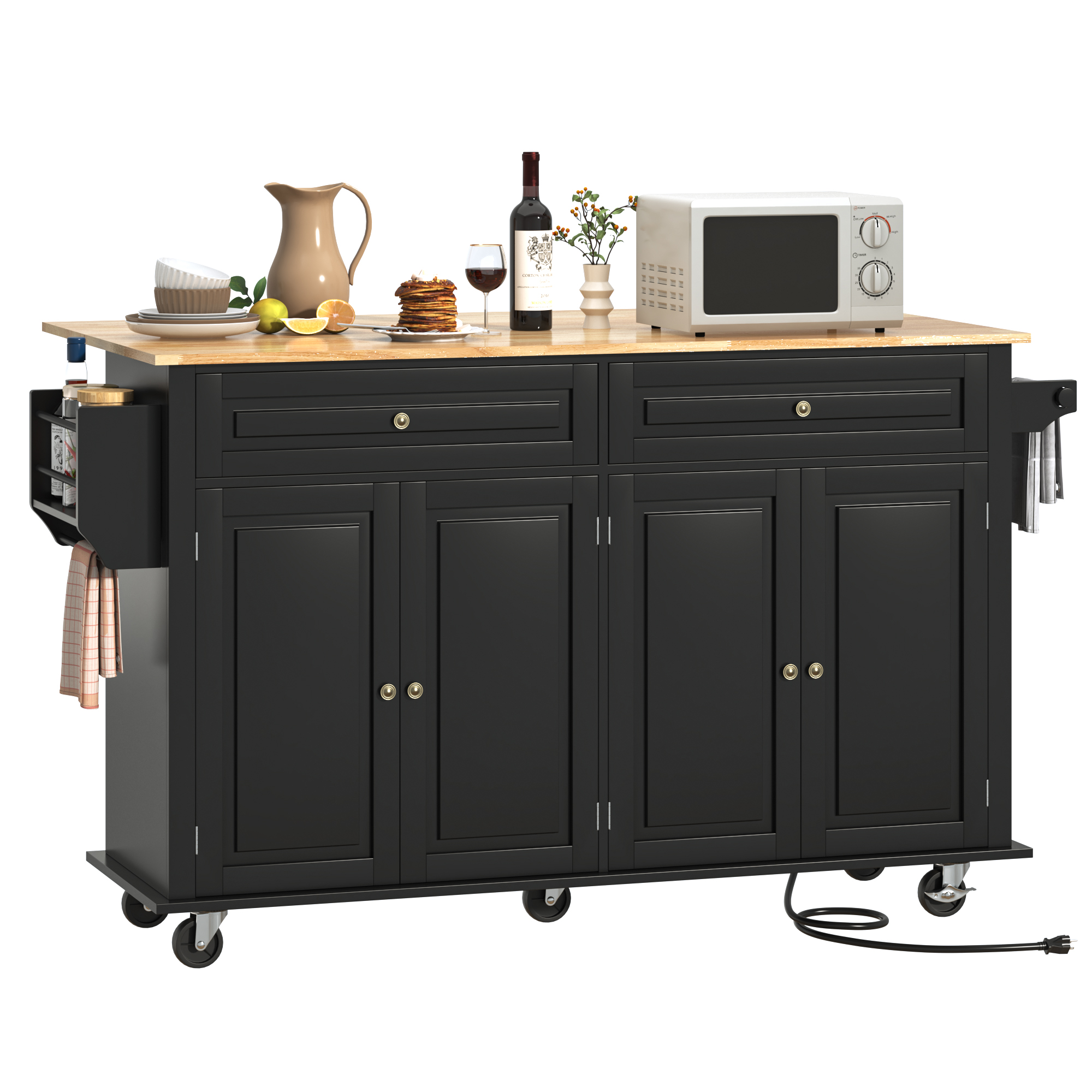 ANPOO 55" Movable Kitchen Island with Drop Leaf and Power Outlet, Rolling Kitchen Cart with Rubber wood Countertop, Island Table on Wheels for Kitchen w/2 Drawers, Spice Rack, Adjustable Shelves