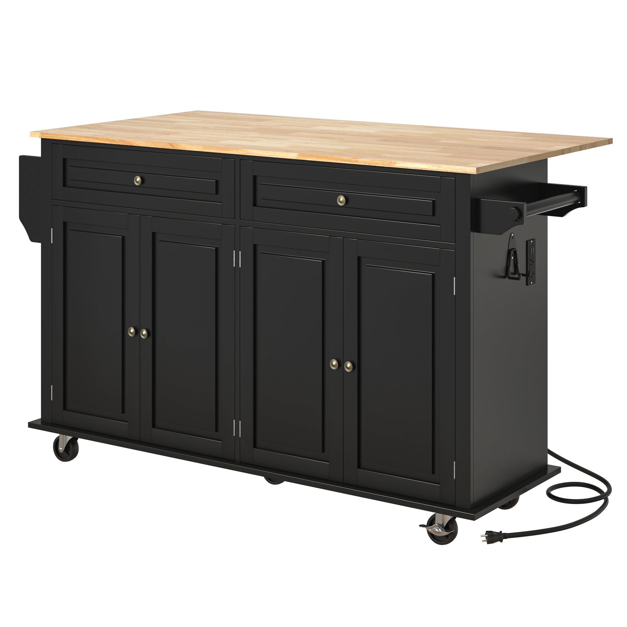 ANPOO 55" Movable Kitchen Island with Drop Leaf and Power Outlet, Rolling Kitchen Cart with Rubber wood Countertop, Island Table on Wheels for Kitchen w/2 Drawers, Spice Rack, Adjustable Shelves