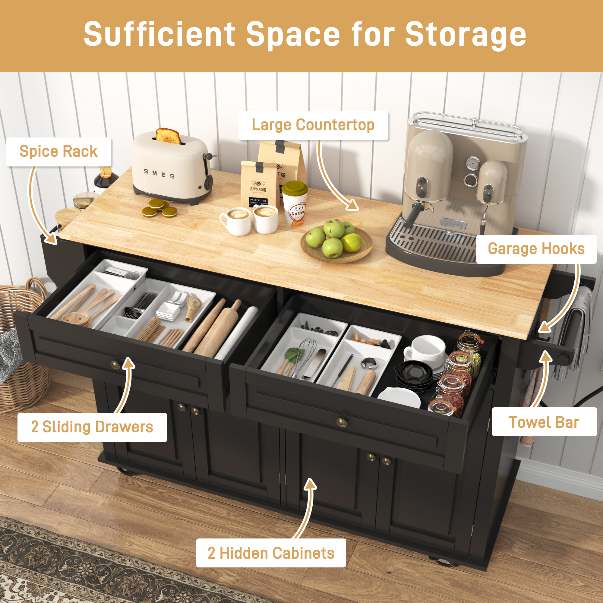 ANPOO 55" Movable Kitchen Island with Drop Leaf and Power Outlet, Rolling Kitchen Cart with Rubber wood Countertop, Island Table on Wheels for Kitchen w/2 Drawers, Spice Rack, Adjustable Shelves