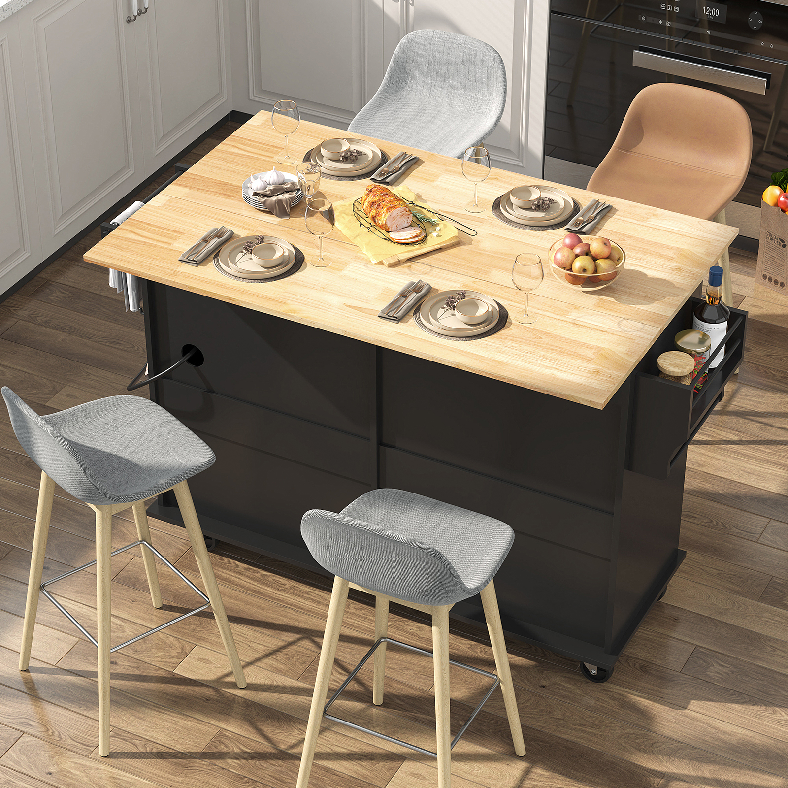 ANPOO 55" Movable Kitchen Island with Drop Leaf and Power Outlet, Rolling Kitchen Cart with Rubber wood Countertop, Island Table on Wheels for Kitchen w/2 Drawers, Spice Rack, Adjustable Shelves