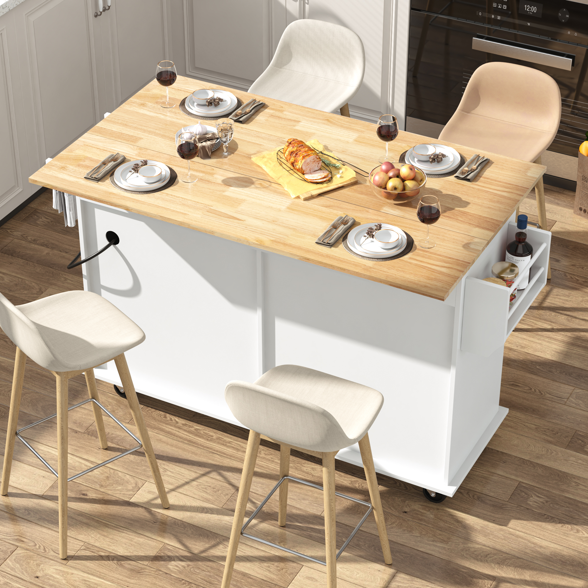 ANPOO 55" Movable Kitchen Island with Drop Leaf and Power Outlet, Rolling Kitchen Cart with Rubber wood Countertop, Island Table on Wheels for Kitchen w/2 Drawers, Spice Rack, Adjustable Shelves