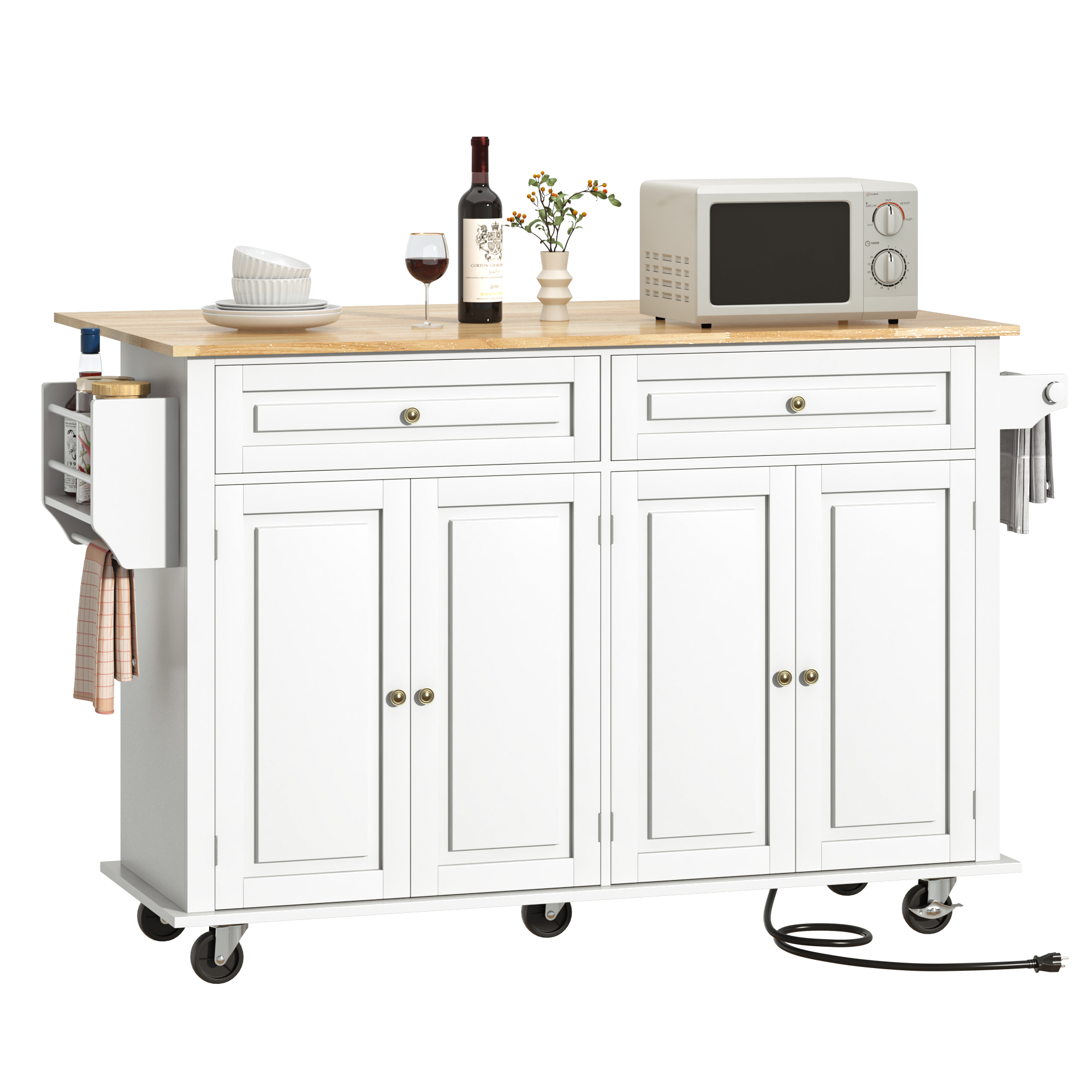 ANPOO 55" Movable Kitchen Island with Drop Leaf and Power Outlet, Rolling Kitchen Cart with Rubber wood Countertop, Island Table on Wheels for Kitchen w/2 Drawers, Spice Rack, Adjustable Shelves