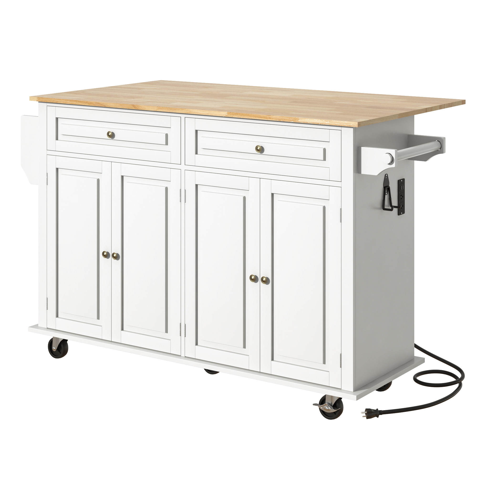 ANPOO 55" Movable Kitchen Island with Drop Leaf and Power Outlet, Rolling Kitchen Cart with Rubber wood Countertop, Island Table on Wheels for Kitchen w/2 Drawers, Spice Rack, Adjustable Shelves