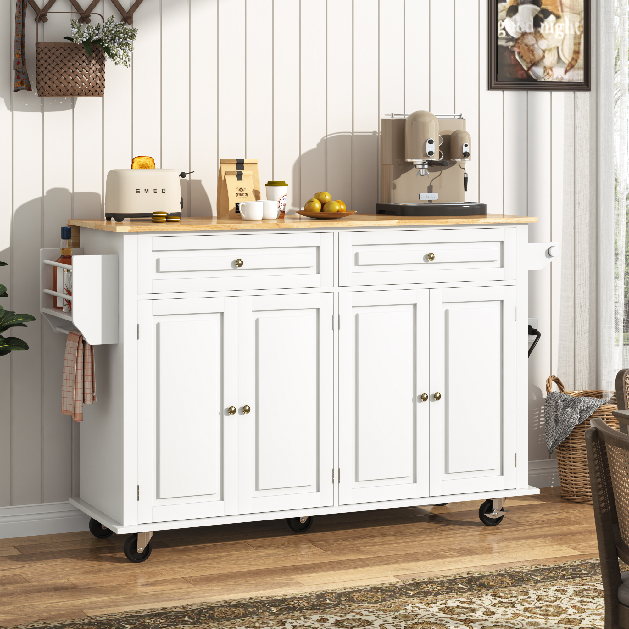 ANPOO 55" Movable Kitchen Island with Drop Leaf and Power Outlet, Rolling Kitchen Cart with Rubber wood Countertop, Island Table on Wheels for Kitchen w/2 Drawers, Spice Rack, Adjustable Shelves