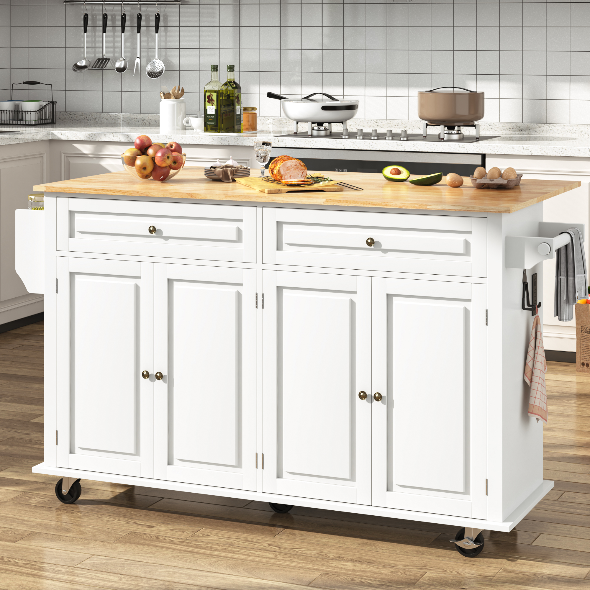 ANPOO 55" Movable Kitchen Island with Drop Leaf and Power Outlet, Rolling Kitchen Cart with Rubber wood Countertop, Island Table on Wheels for Kitchen w/2 Drawers, Spice Rack, Adjustable Shelves