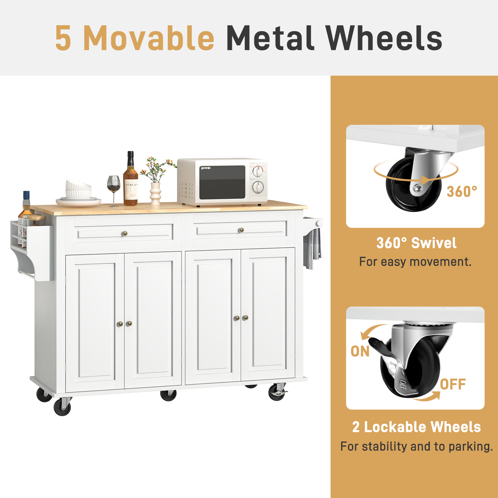 ANPOO 55" Movable Kitchen Island with Drop Leaf and Power Outlet, Rolling Kitchen Cart with Rubber wood Countertop, Island Table on Wheels for Kitchen w/2 Drawers, Spice Rack, Adjustable Shelves
