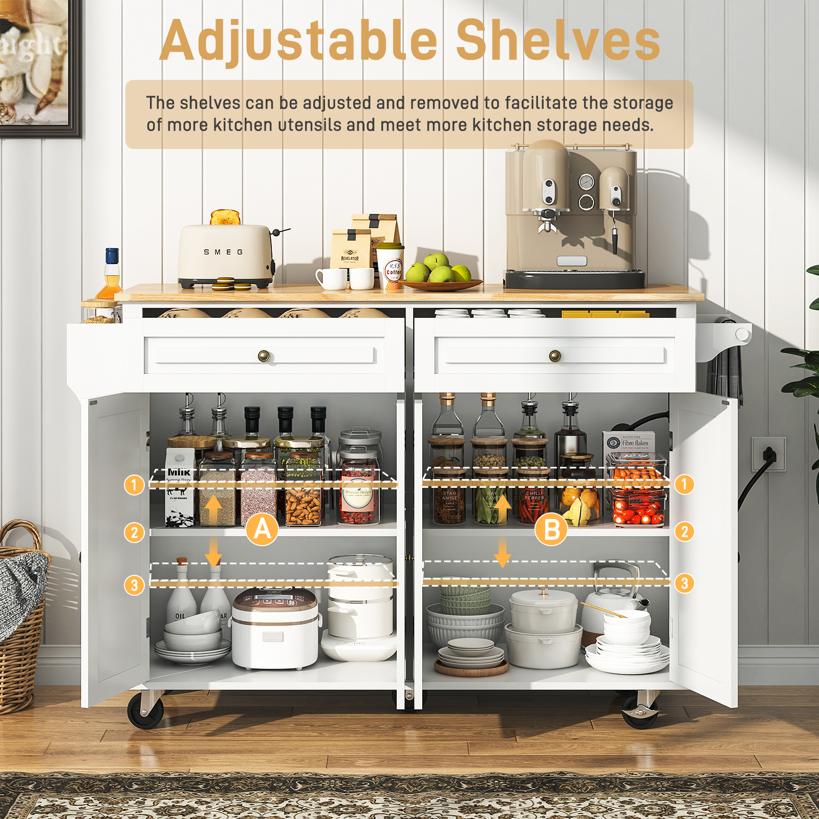 ANPOO 55" Movable Kitchen Island with Drop Leaf and Power Outlet, Rolling Kitchen Cart with Rubber wood Countertop, Island Table on Wheels for Kitchen w/2 Drawers, Spice Rack, Adjustable Shelves