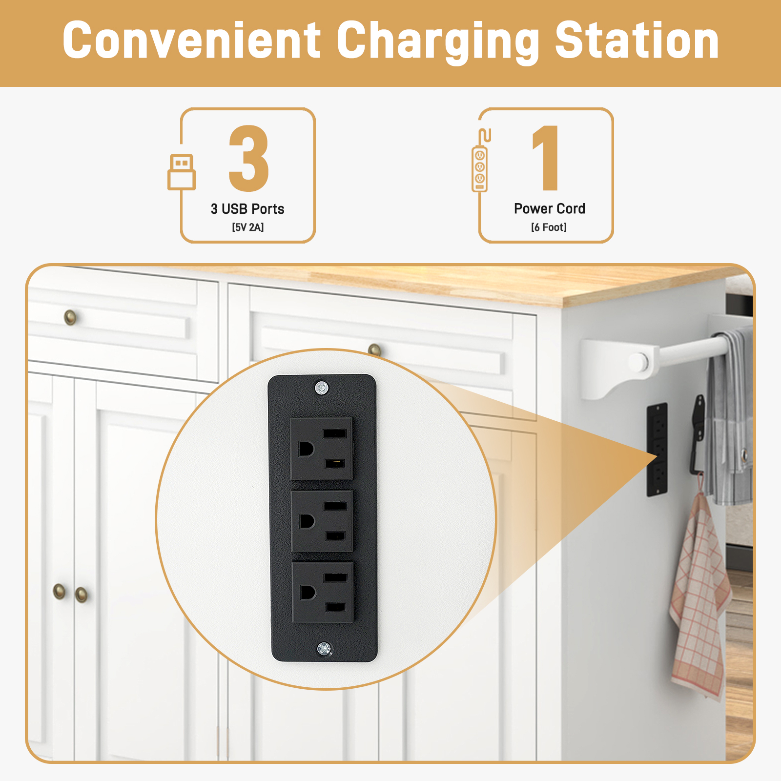 ANPOO 55" Movable Kitchen Island with Drop Leaf and Power Outlet, Rolling Kitchen Cart with Rubber wood Countertop, Island Table on Wheels for Kitchen w/2 Drawers, Spice Rack, Adjustable Shelves