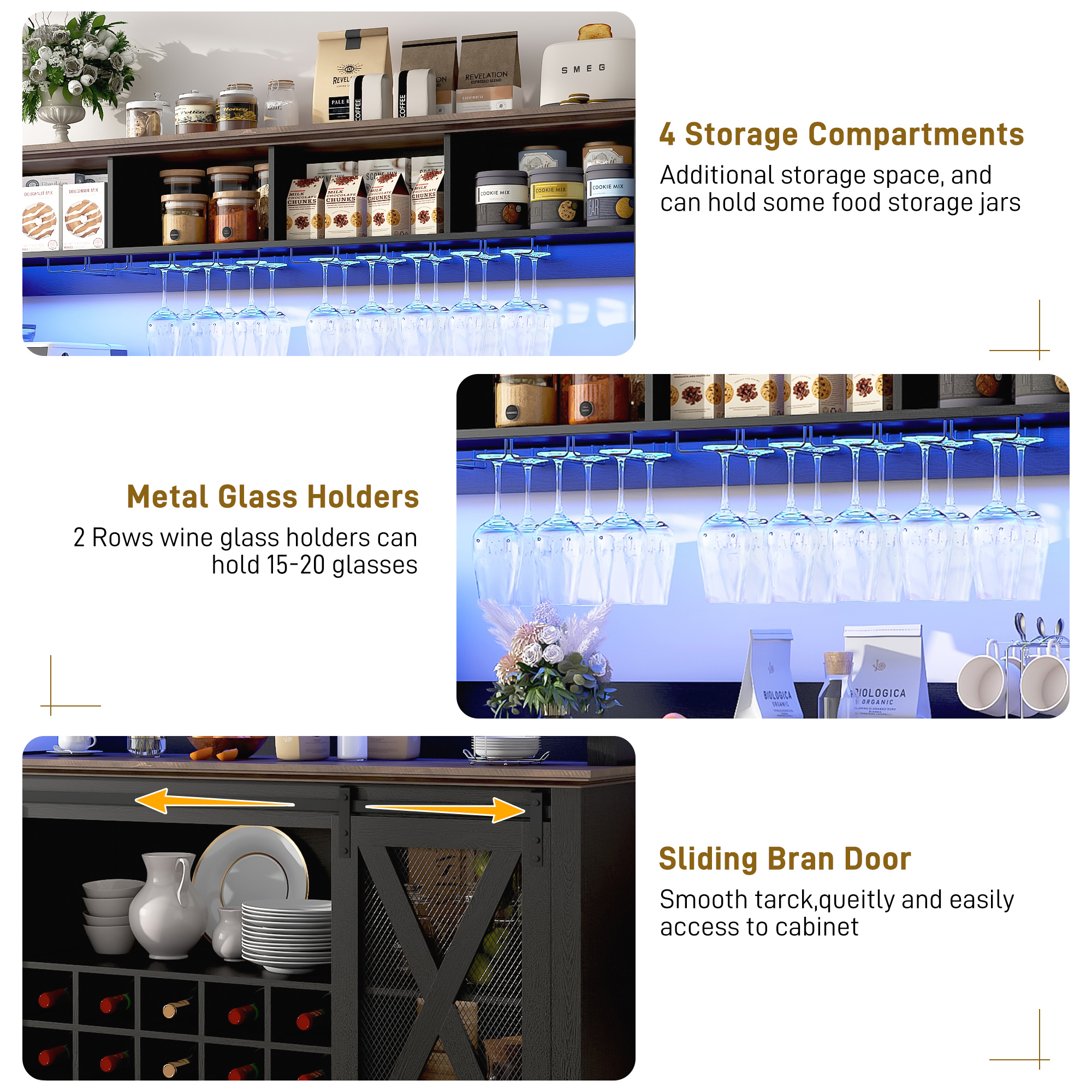 ANPOO 63"W Farmhouse Coffee Bar Cabinet with Power Outlet and LED Light, 58"H Wine Bar Cabinet with 4 Tier Storage Hutch, Kitchen Buffet Cabinet with 15 Wine and Glass Racks for Kitchen Dining Room
