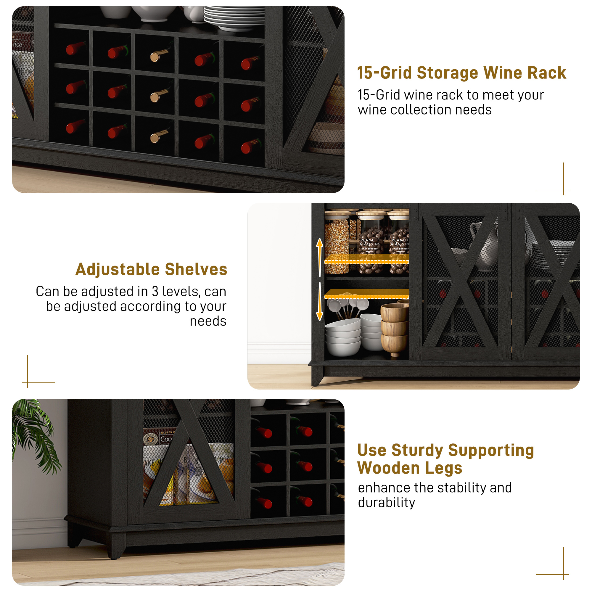 ANPOO 63"W Farmhouse Coffee Bar Cabinet with Power Outlet and LED Light, 58"H Wine Bar Cabinet with 4 Tier Storage Hutch, Kitchen Buffet Cabinet with 15 Wine and Glass Racks for Kitchen Dining Room