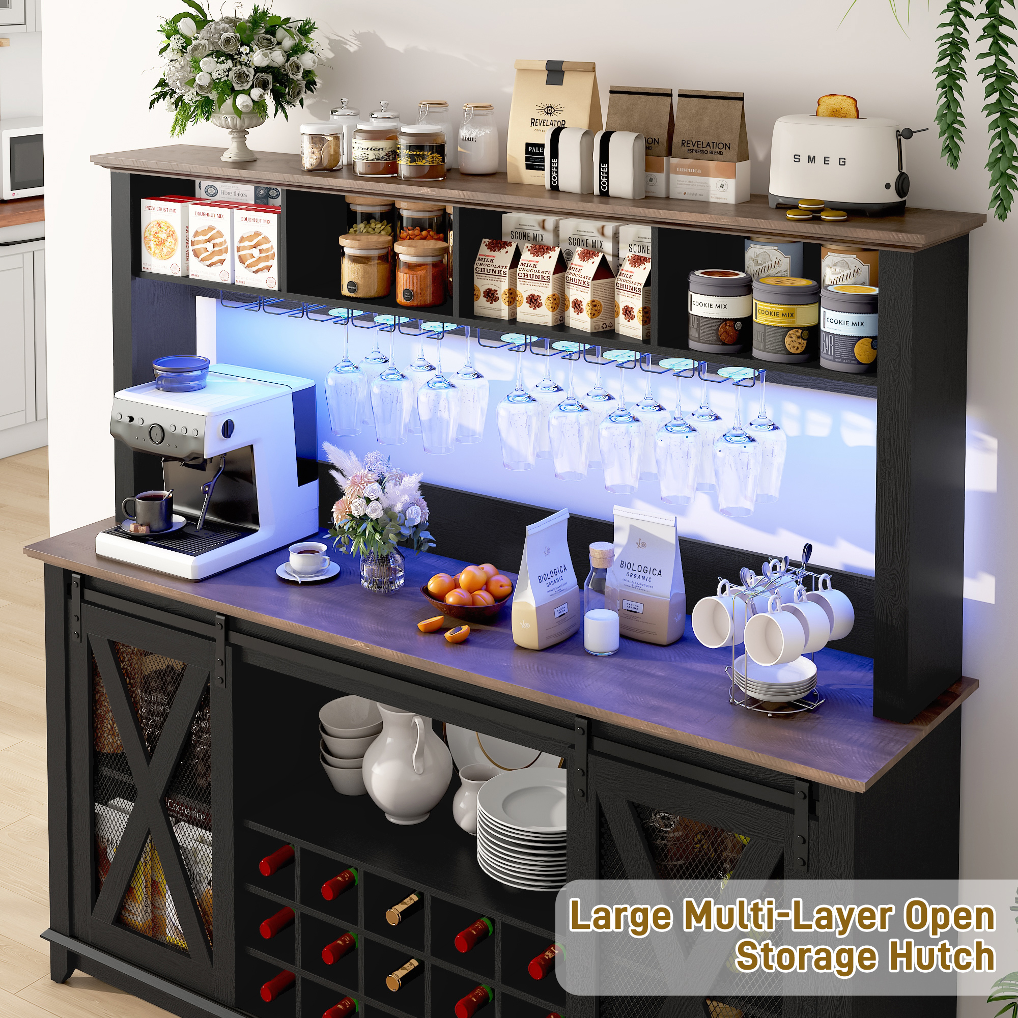 ANPOO 63"W Farmhouse Coffee Bar Cabinet with Power Outlet and LED Light, 58"H Wine Bar Cabinet with 4 Tier Storage Hutch, Kitchen Buffet Cabinet with 15 Wine and Glass Racks for Kitchen Dining Room