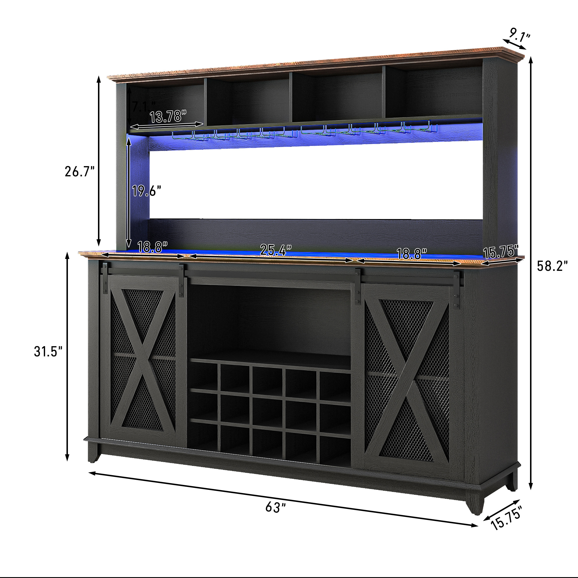 ANPOO 63"W Farmhouse Coffee Bar Cabinet with Power Outlet and LED Light, 58"H Wine Bar Cabinet with 4 Tier Storage Hutch, Kitchen Buffet Cabinet with 15 Wine and Glass Racks for Kitchen Dining Room