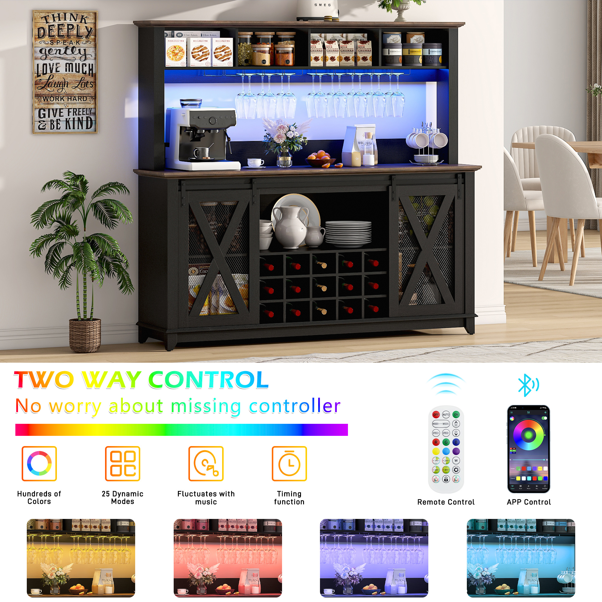 ANPOO 63"W Farmhouse Coffee Bar Cabinet with Power Outlet and LED Light, 58"H Wine Bar Cabinet with 4 Tier Storage Hutch, Kitchen Buffet Cabinet with 15 Wine and Glass Racks for Kitchen Dining Room