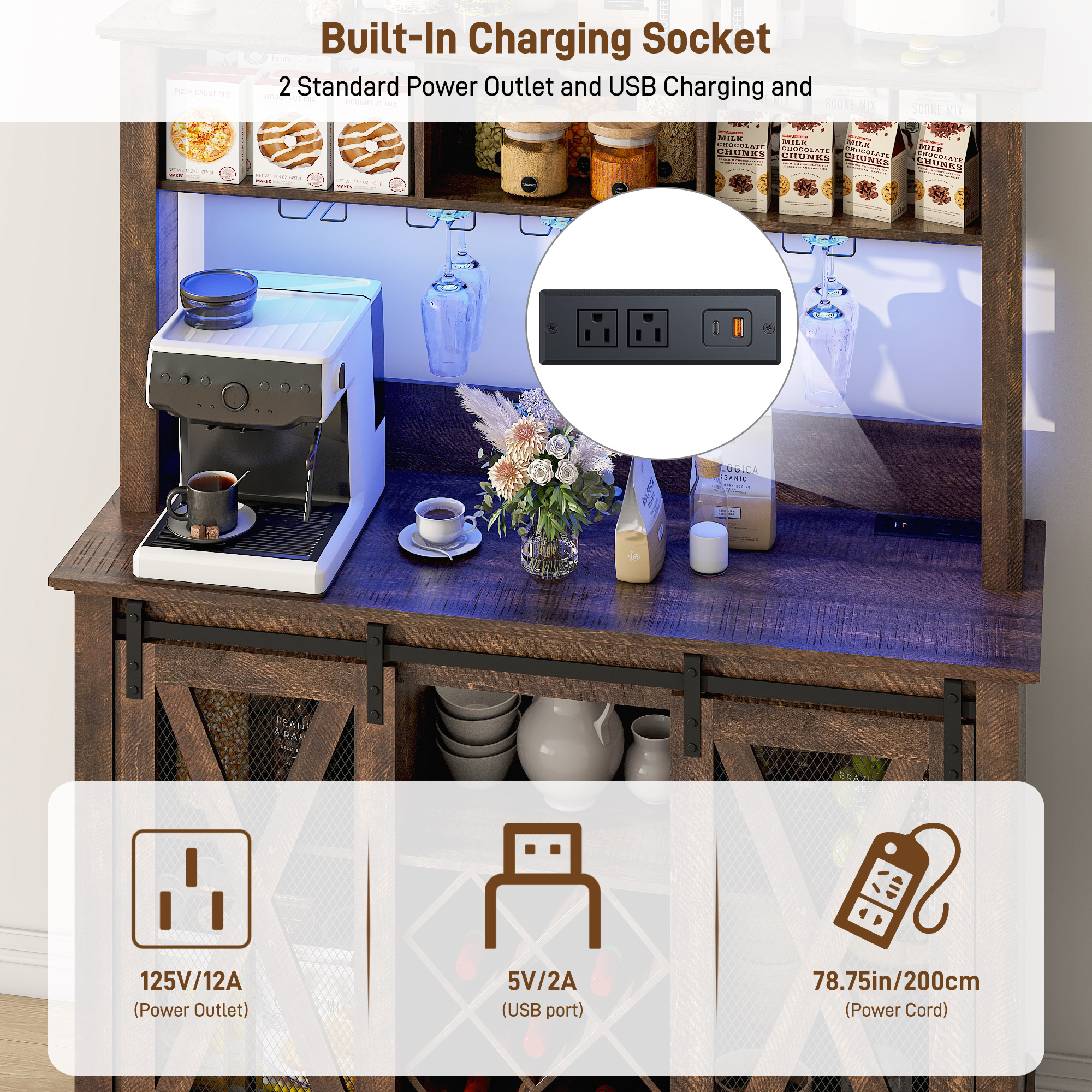 ANPOO 63"W Farmhouse Coffee Bar Cabinet with Power Outlet and LED Light, 58"H Wine Bar Cabinet with 4 Tier Storage Hutch, Kitchen Buffet Cabinet with 15 Wine and Glass Racks for Kitchen Dining Room