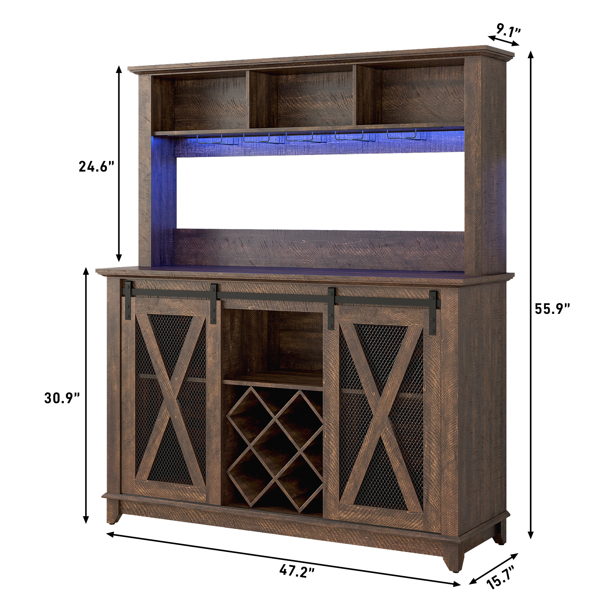 ANPOO 63"W Farmhouse Coffee Bar Cabinet with Power Outlet and LED Light, 58"H Wine Bar Cabinet with 4 Tier Storage Hutch, Kitchen Buffet Cabinet with 15 Wine and Glass Racks for Kitchen Dining Room