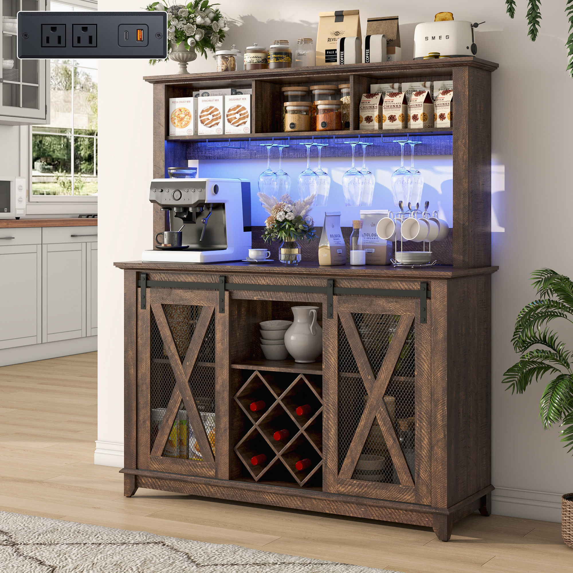 ANPOO 63"W Farmhouse Coffee Bar Cabinet with Power Outlet and LED Light, 58"H Wine Bar Cabinet with 4 Tier Storage Hutch, Kitchen Buffet Cabinet with 15 Wine and Glass Racks for Kitchen Dining Room