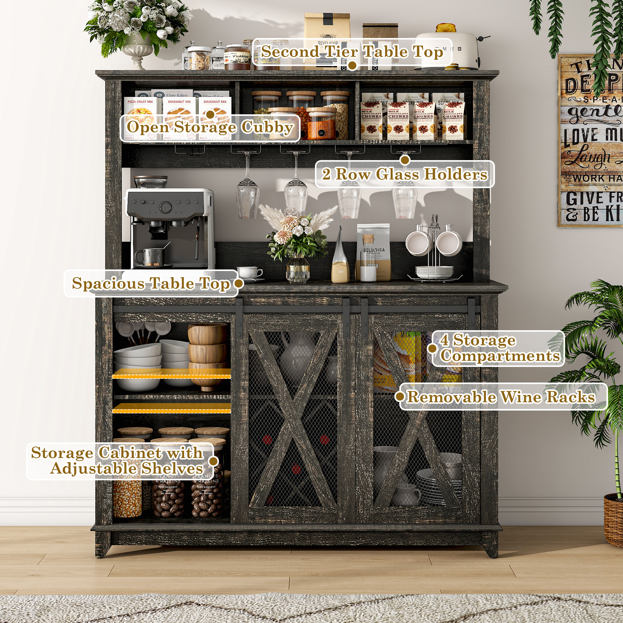 ANPOO 63"W Farmhouse Coffee Bar Cabinet with Power Outlet and LED Light, 58"H Wine Bar Cabinet with 4 Tier Storage Hutch, Kitchen Buffet Cabinet with 15 Wine and Glass Racks for Kitchen Dining Room