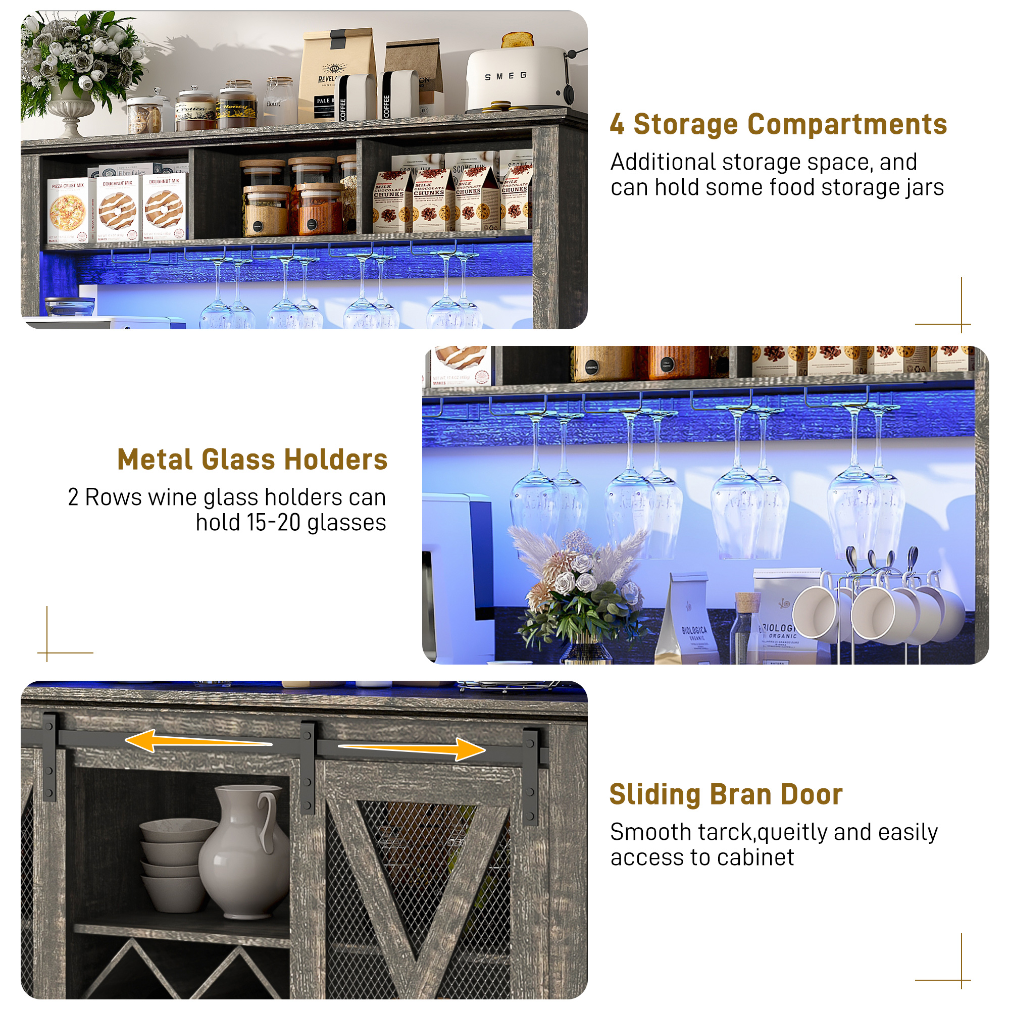 ANPOO 63"W Farmhouse Coffee Bar Cabinet with Power Outlet and LED Light, 58"H Wine Bar Cabinet with 4 Tier Storage Hutch, Kitchen Buffet Cabinet with 15 Wine and Glass Racks for Kitchen Dining Room