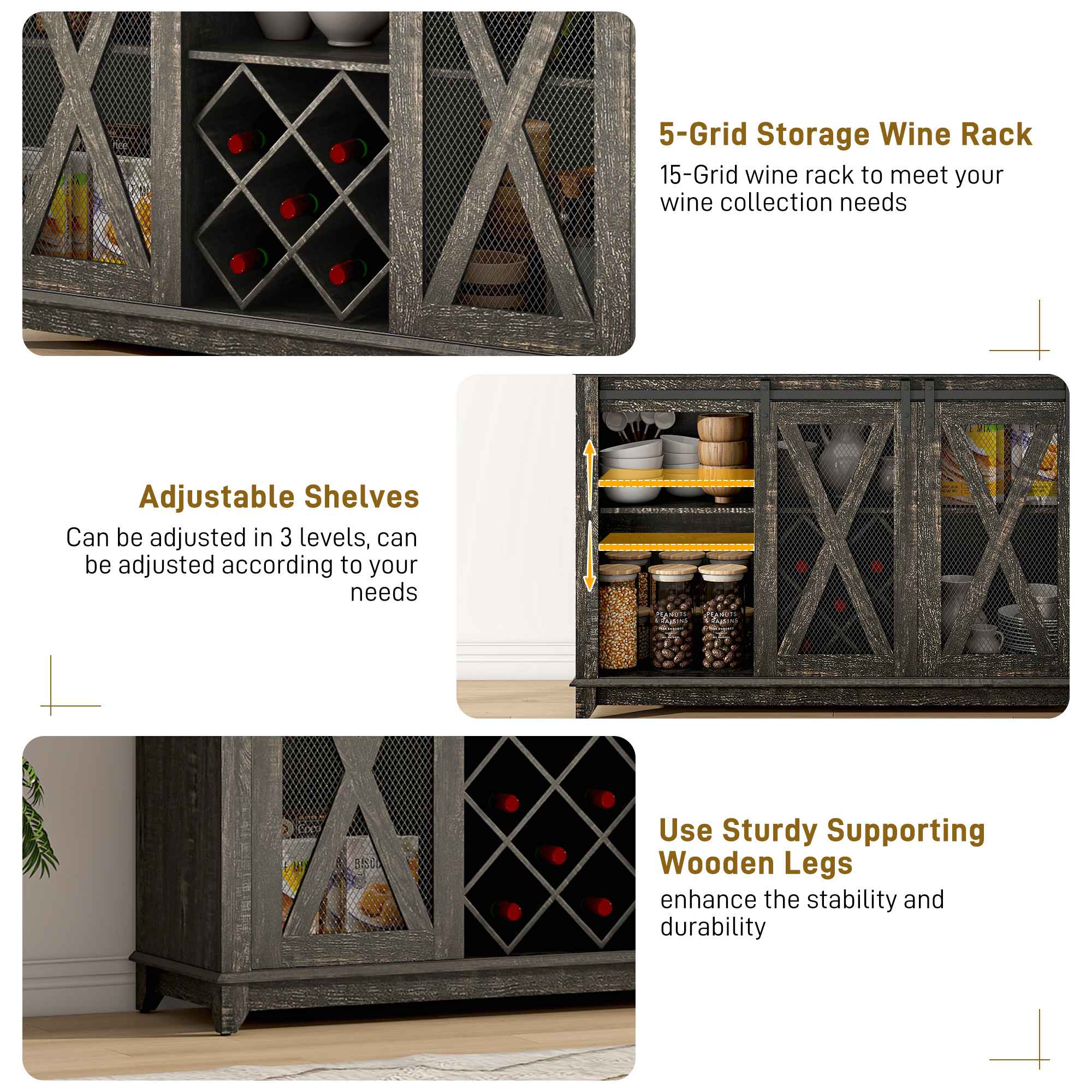 ANPOO 63"W Farmhouse Coffee Bar Cabinet with Power Outlet and LED Light, 58"H Wine Bar Cabinet with 4 Tier Storage Hutch, Kitchen Buffet Cabinet with 15 Wine and Glass Racks for Kitchen Dining Room