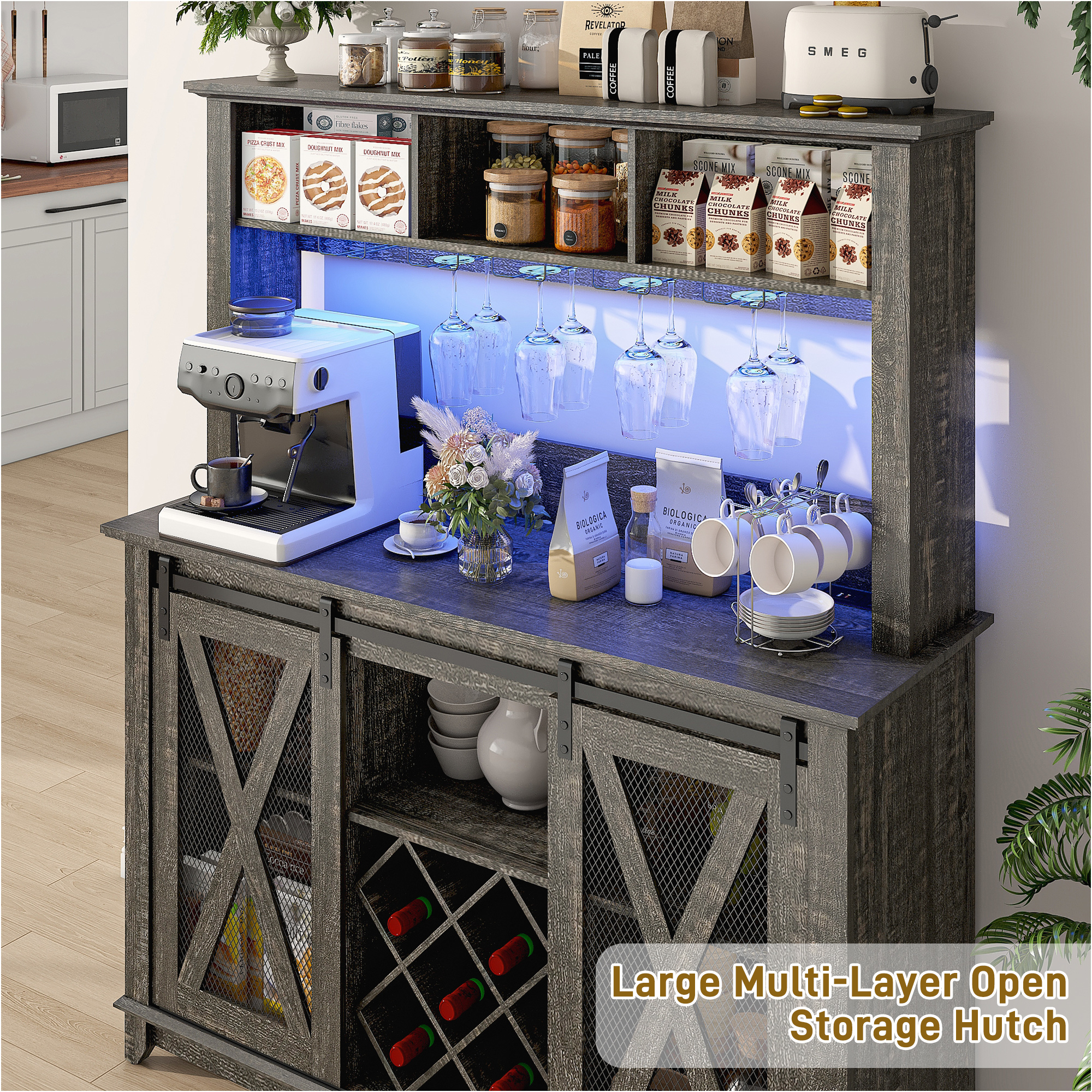 ANPOO 63"W Farmhouse Coffee Bar Cabinet with Power Outlet and LED Light, 58"H Wine Bar Cabinet with 4 Tier Storage Hutch, Kitchen Buffet Cabinet with 15 Wine and Glass Racks for Kitchen Dining Room